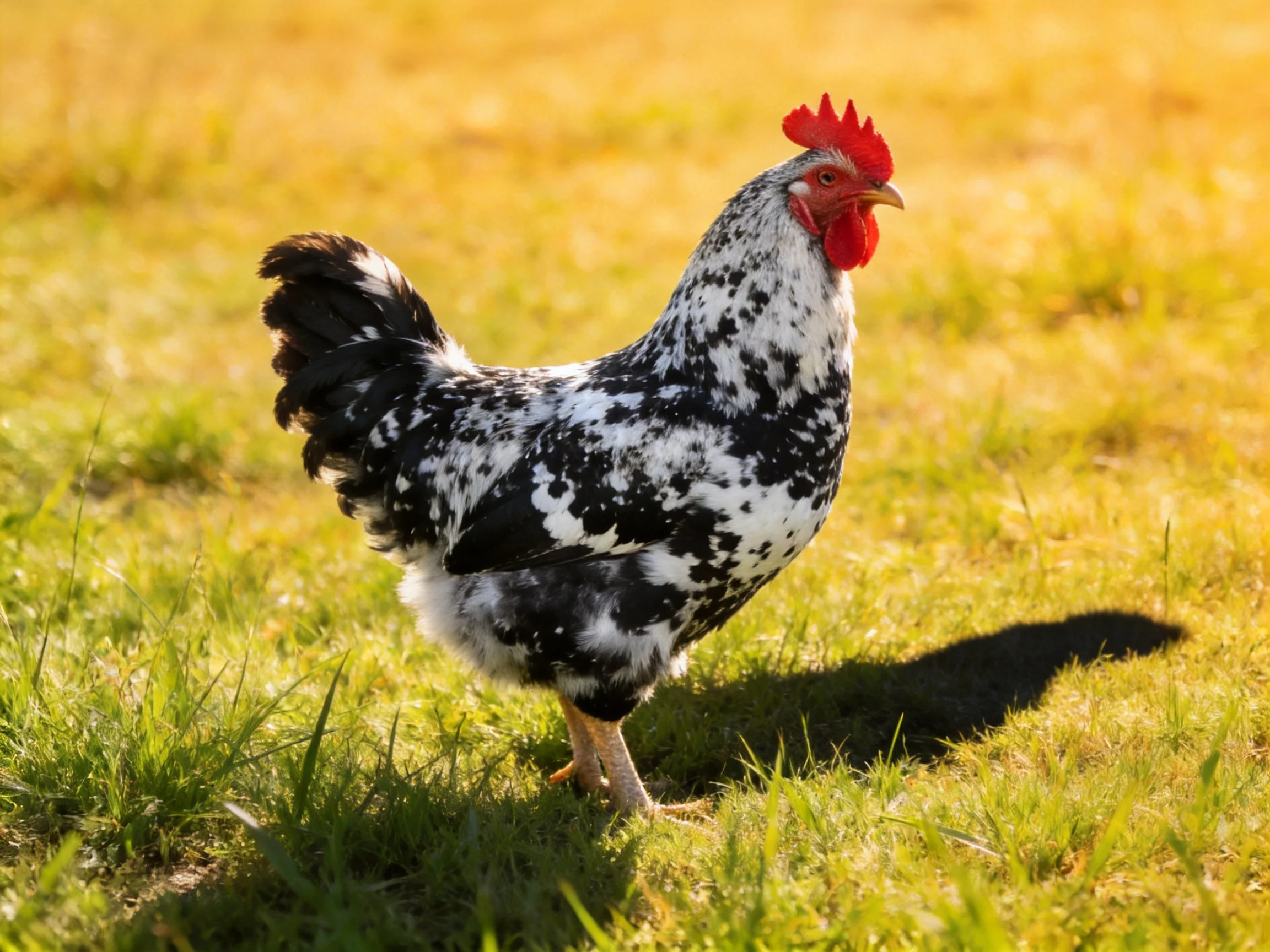 A black and white speckled rooster with red comb standing on green grass