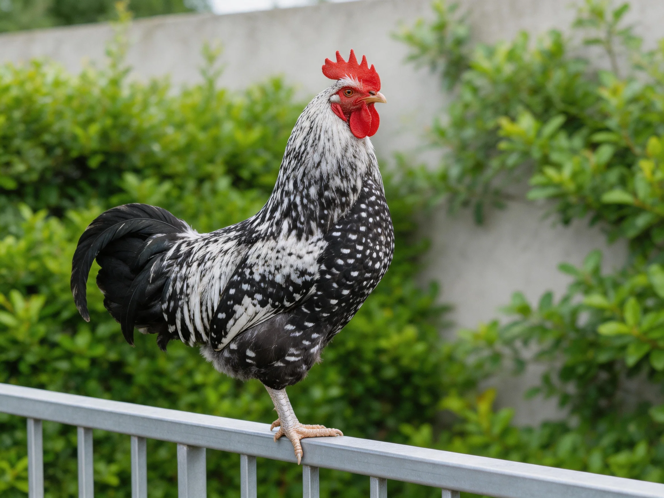 A black-and-white speckled rooster with red comb stands on a metal railing