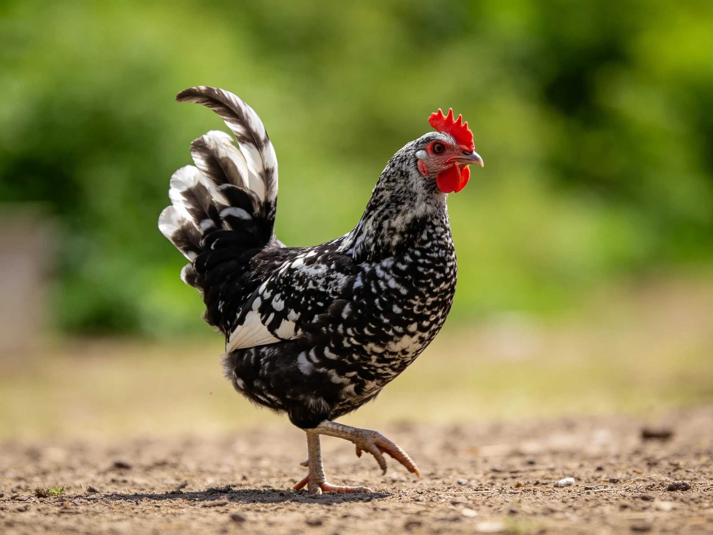 A black and white speckled rooster with red comb walking on dirt