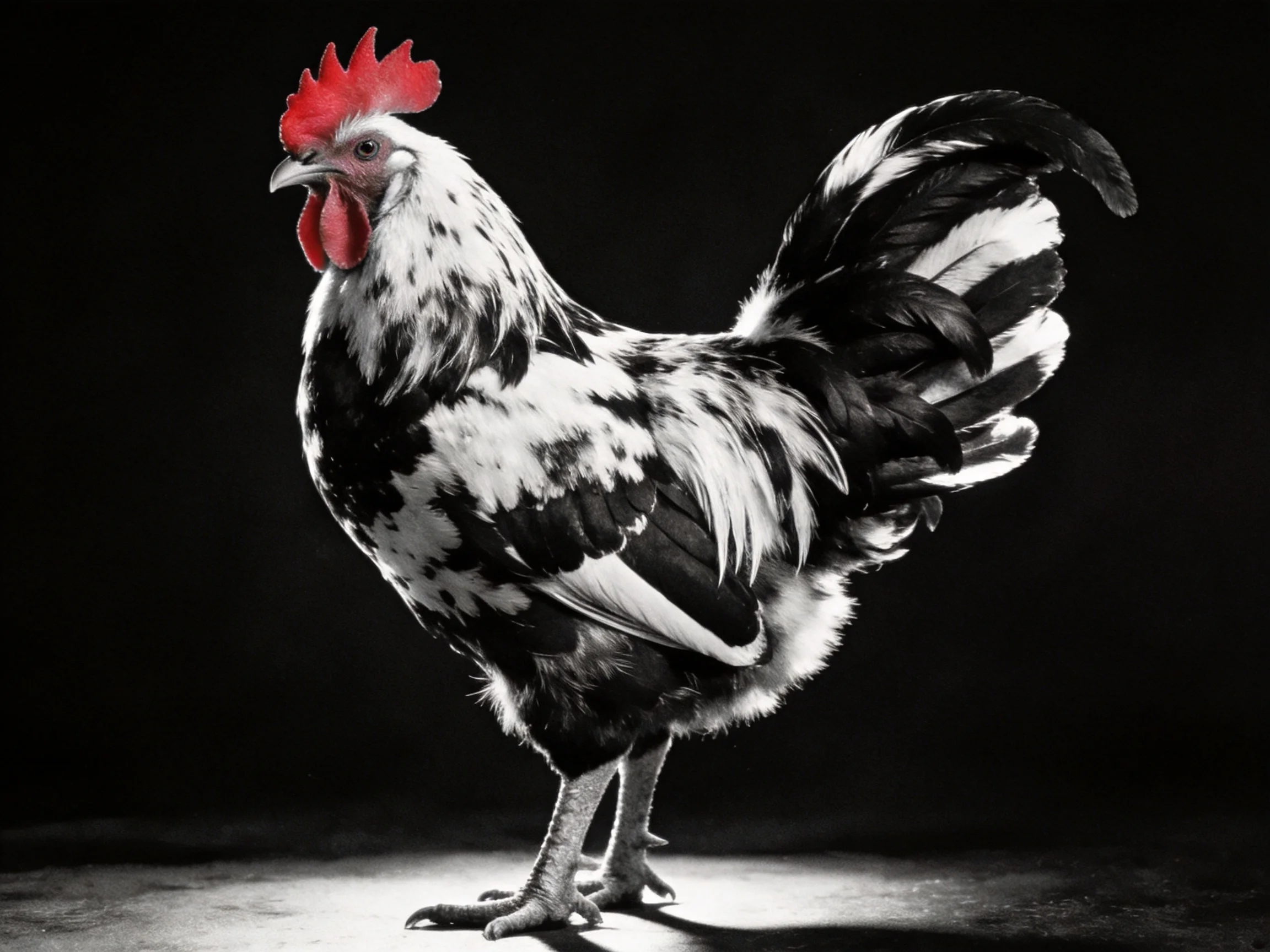 A black and white speckled rooster with vibrant red comb