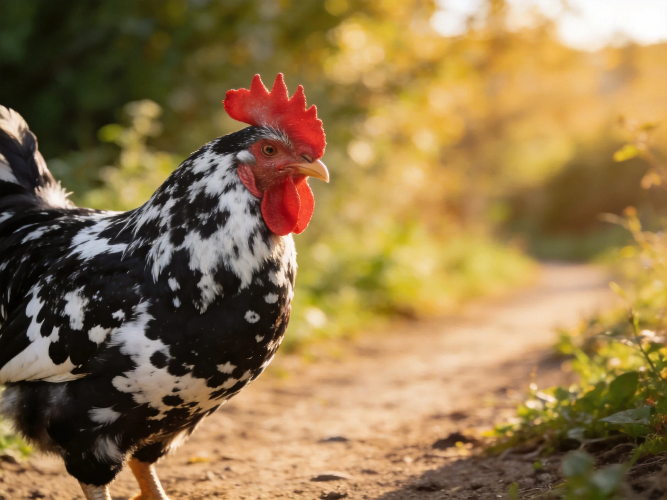 A black and white spotted rooster stands on a sunlit dirt path