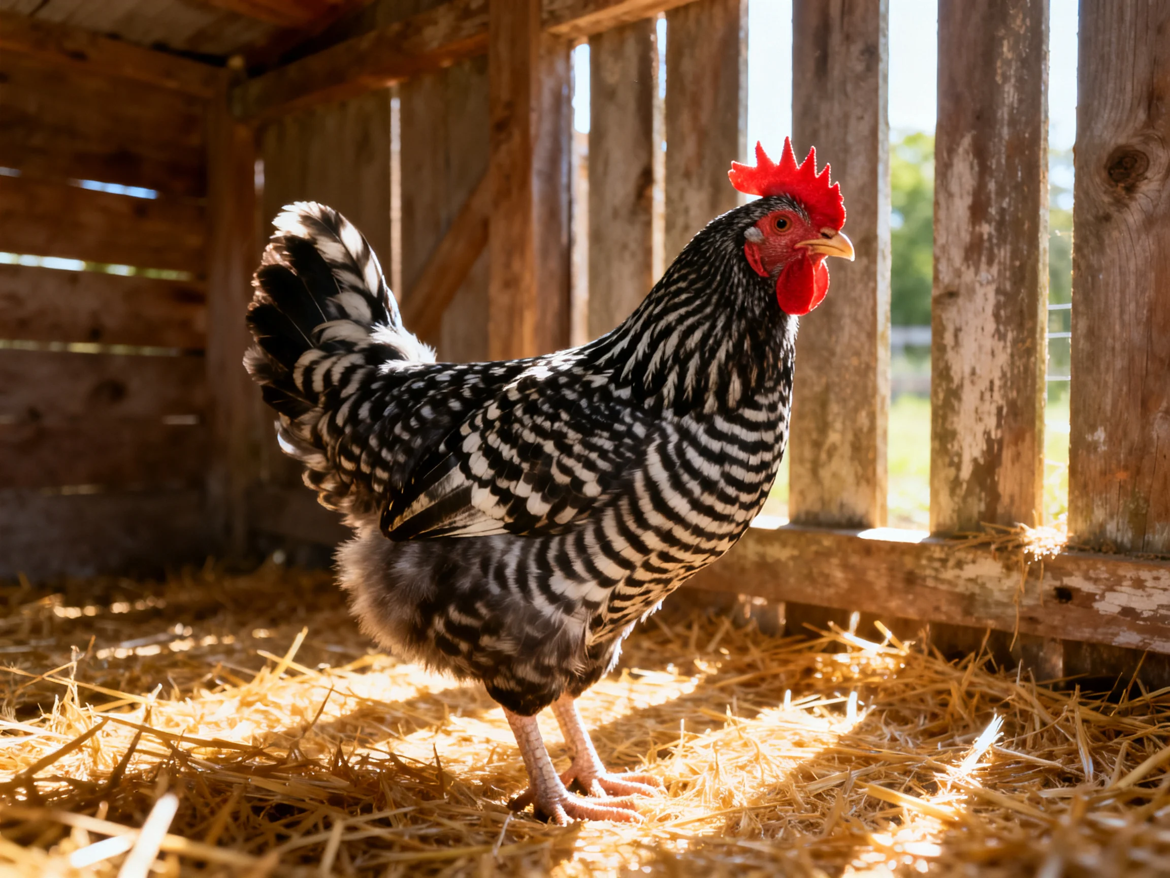 A black-and-white striped rooster in a wooden coop with straw bedding