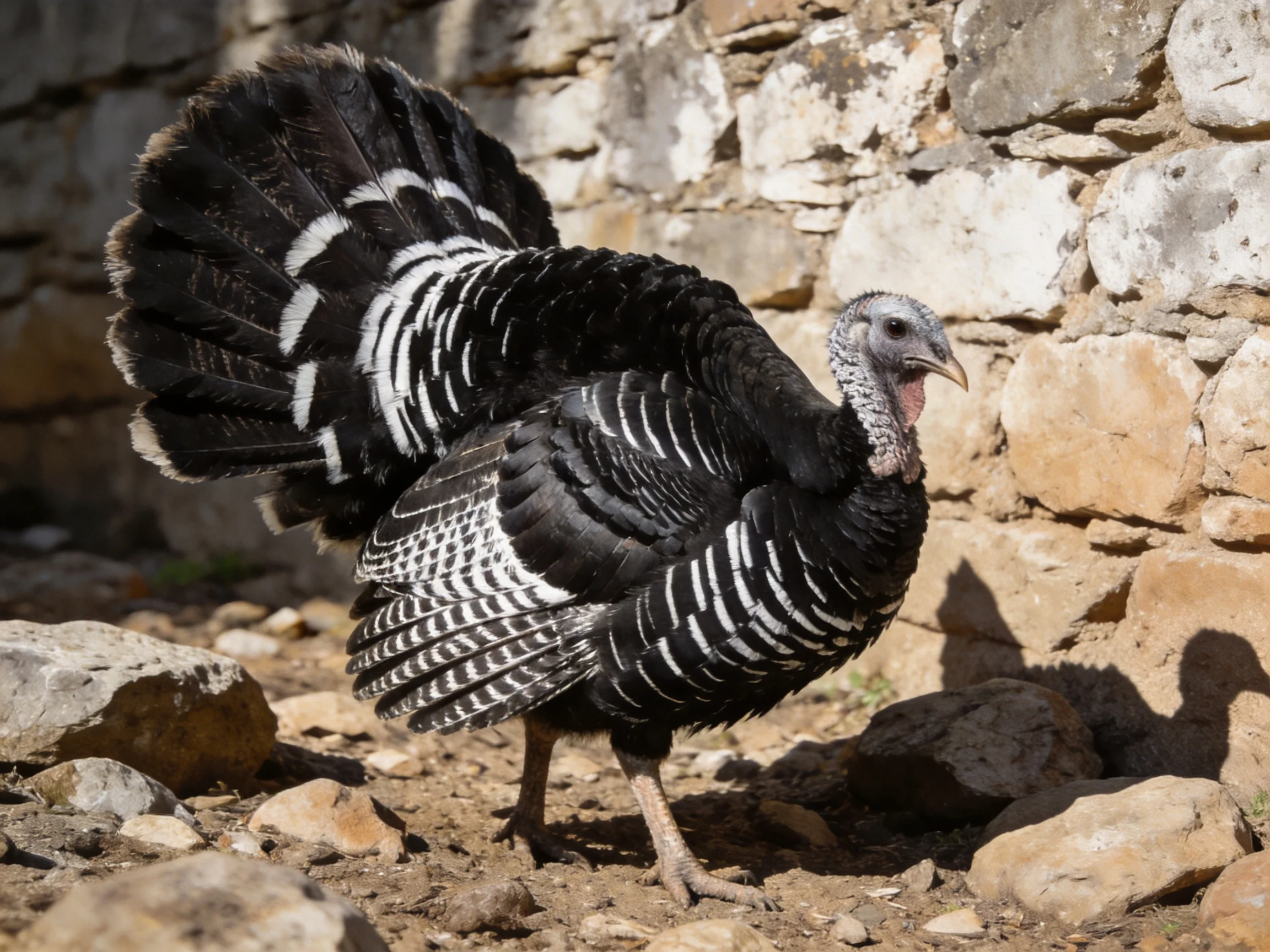 A black and white turkey displays vibrant plumage against an aged stone wall