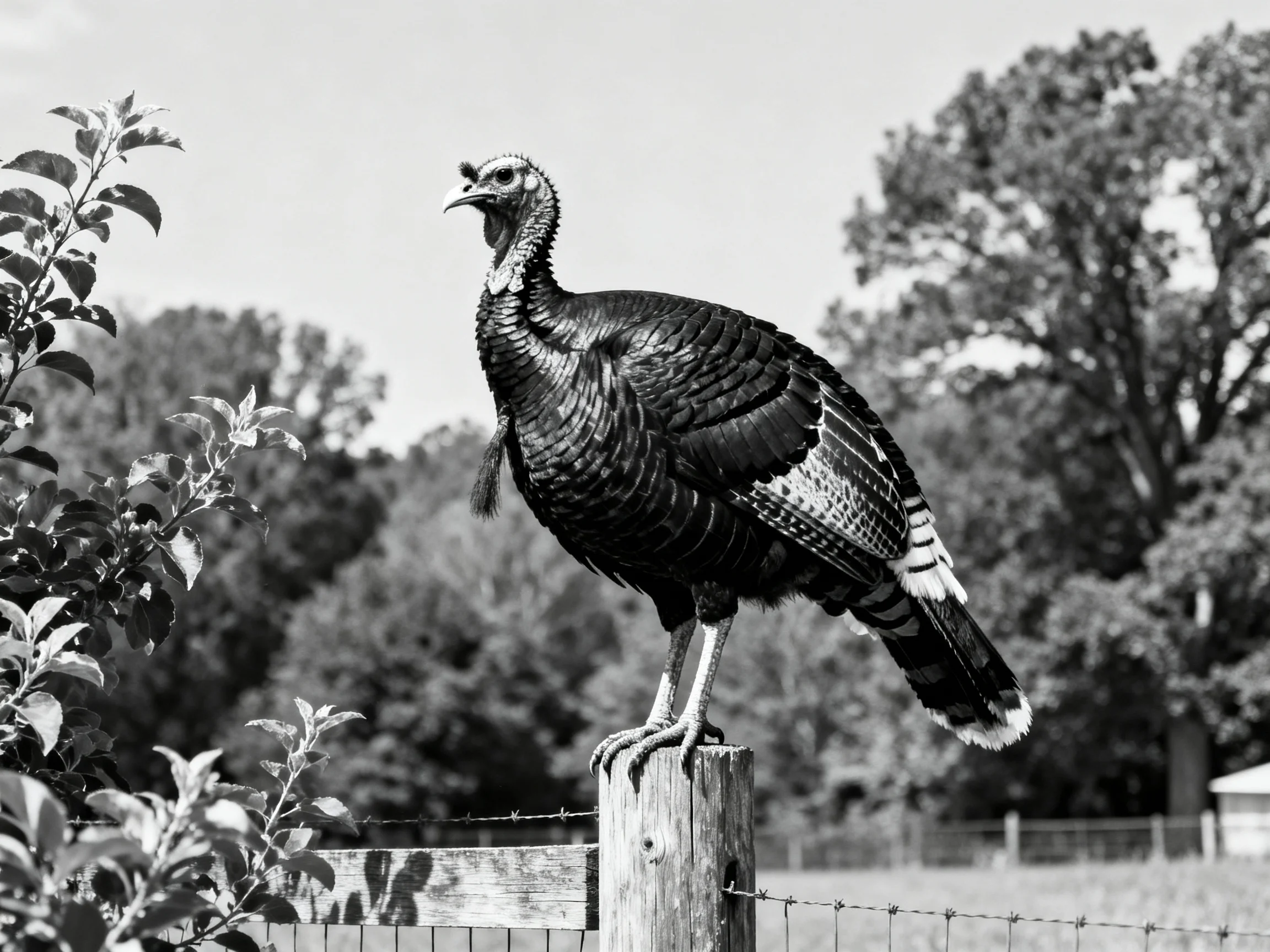 A black and white turkey perched on a weathered wooden fence post