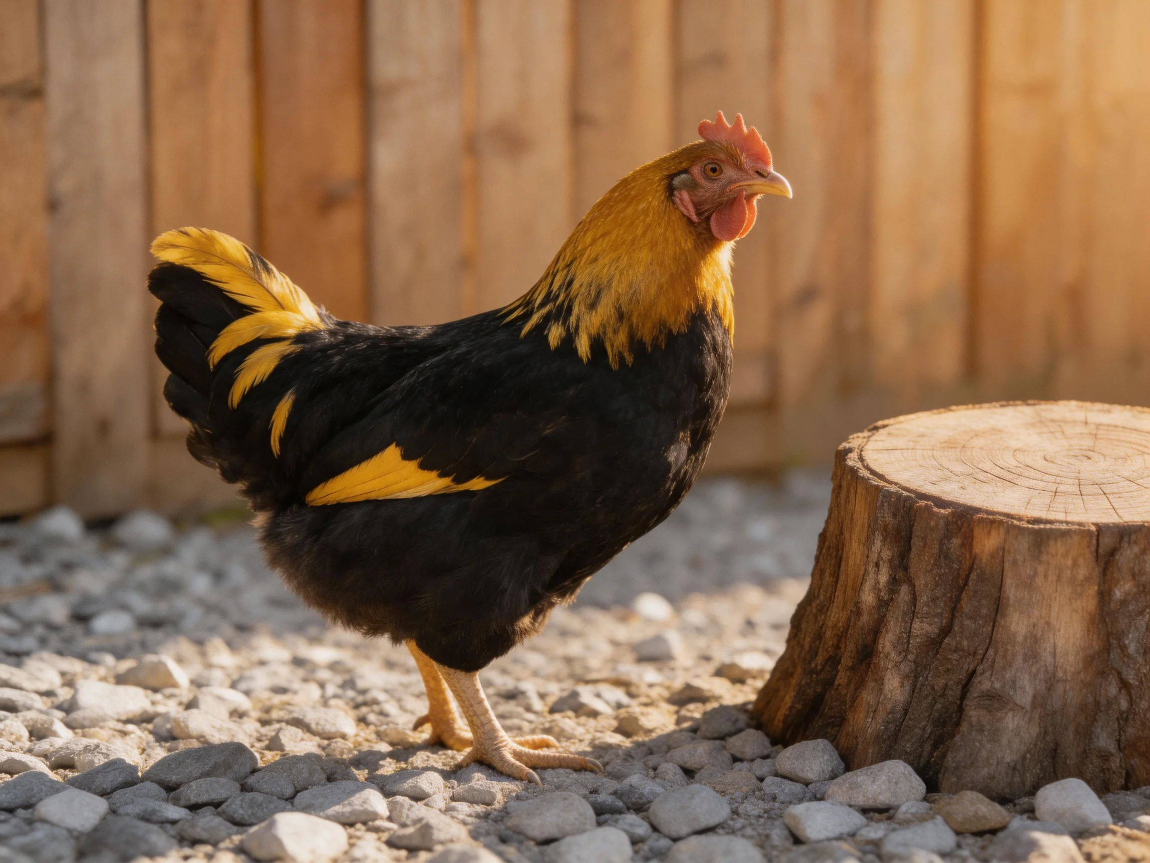 A black and yellow chicken near a tree stump by a wooden fence