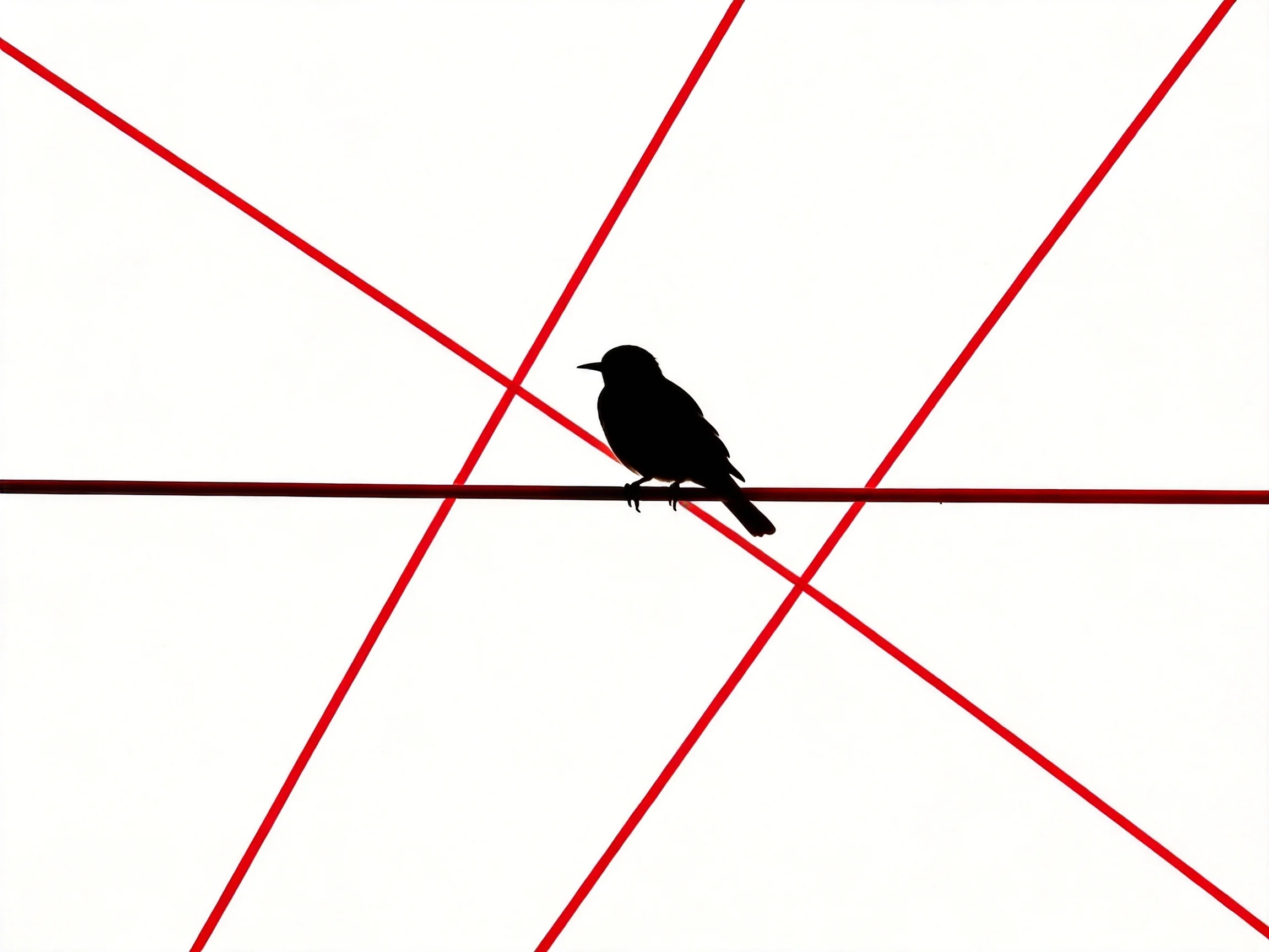 A black bird silhouette perched on a wire with intersecting red geometric lines