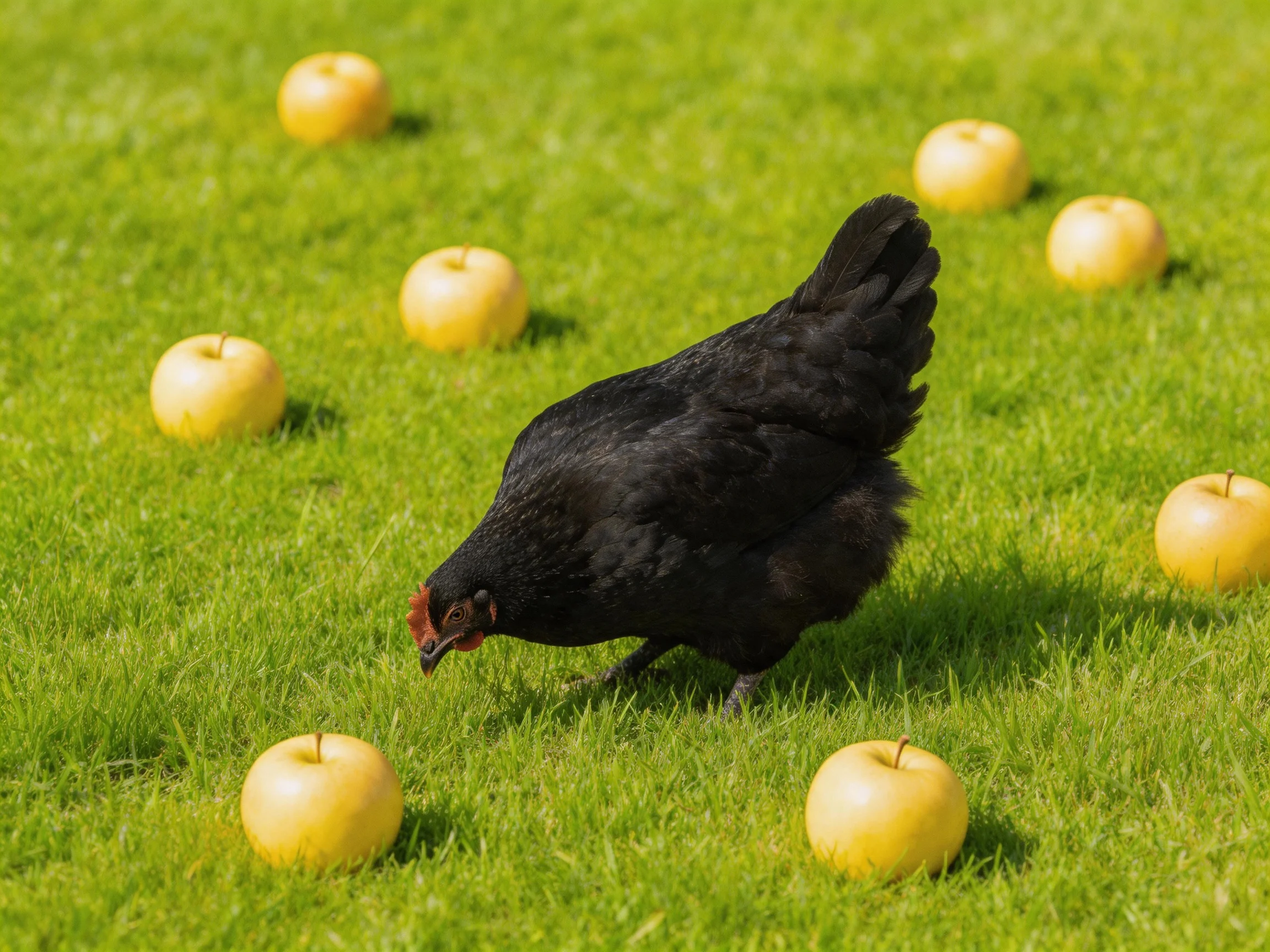 A black chicken forages among seven golden apples on lush green grass