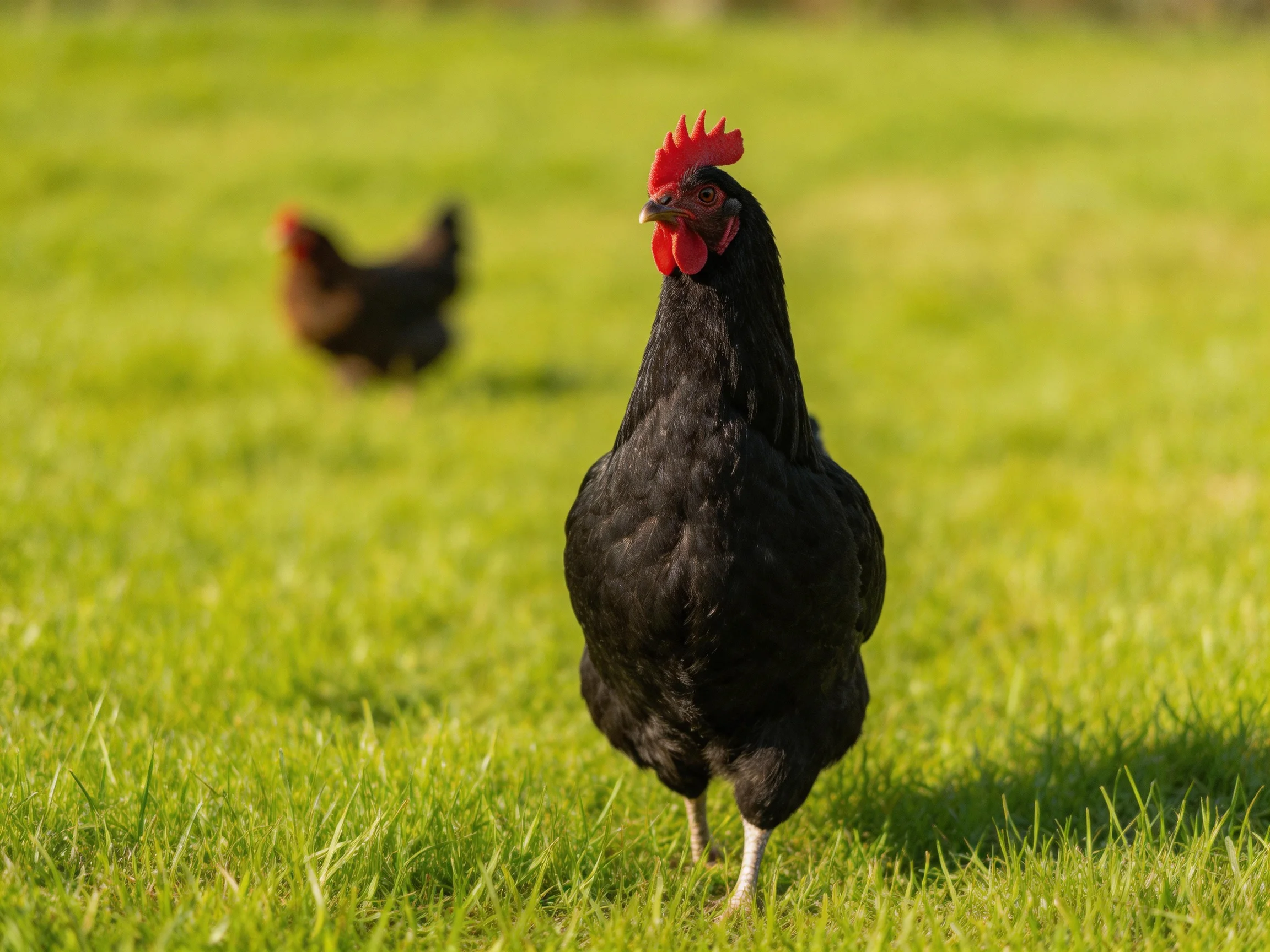 A black chicken roams on lush green grass with a brown chicken in the distance