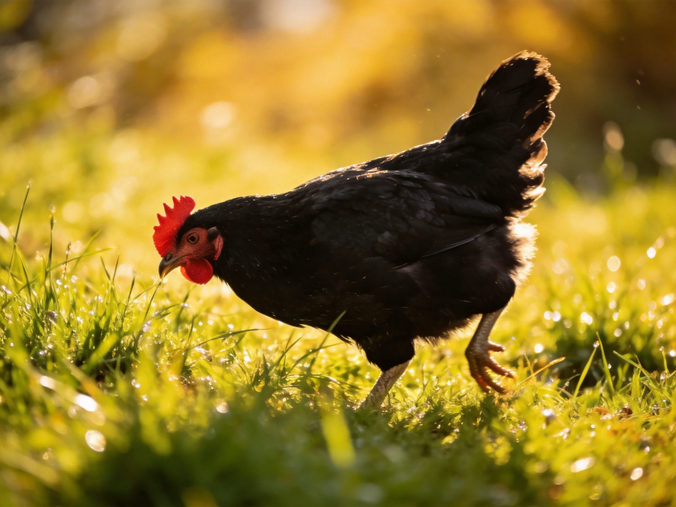 A black chicken with a red comb forages in sunlit green grass.