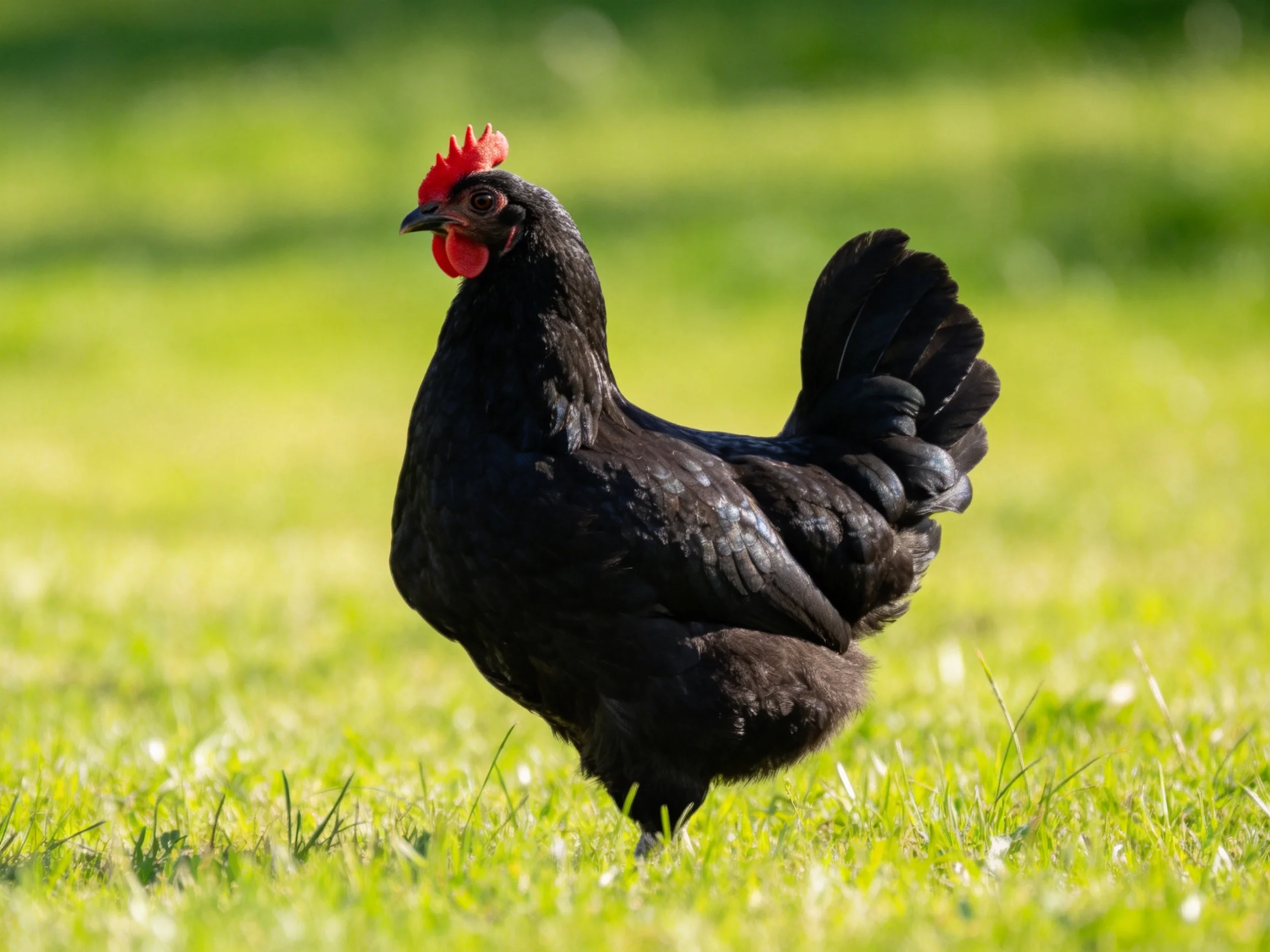 A black chicken with a red comb is positioned on a sunlit grassy field.