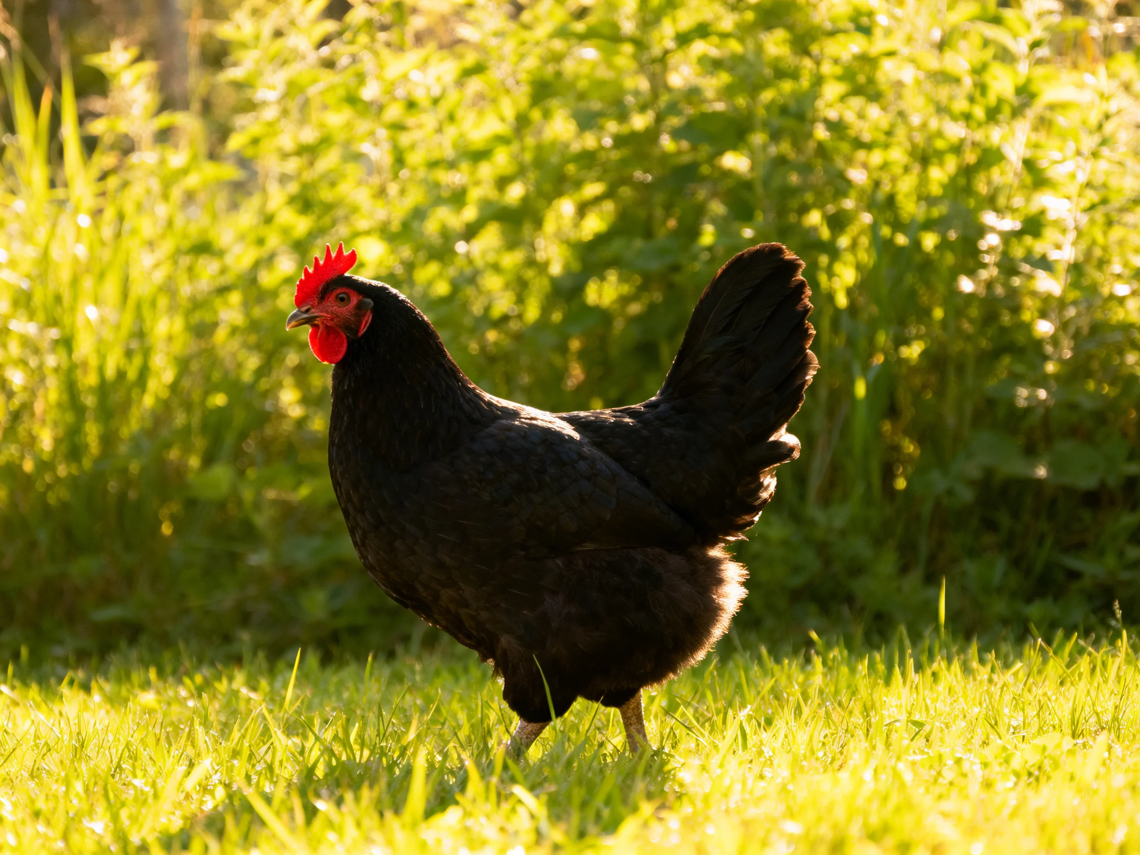 A black chicken roams sunlit green grass surrounded by dense vegetation.
