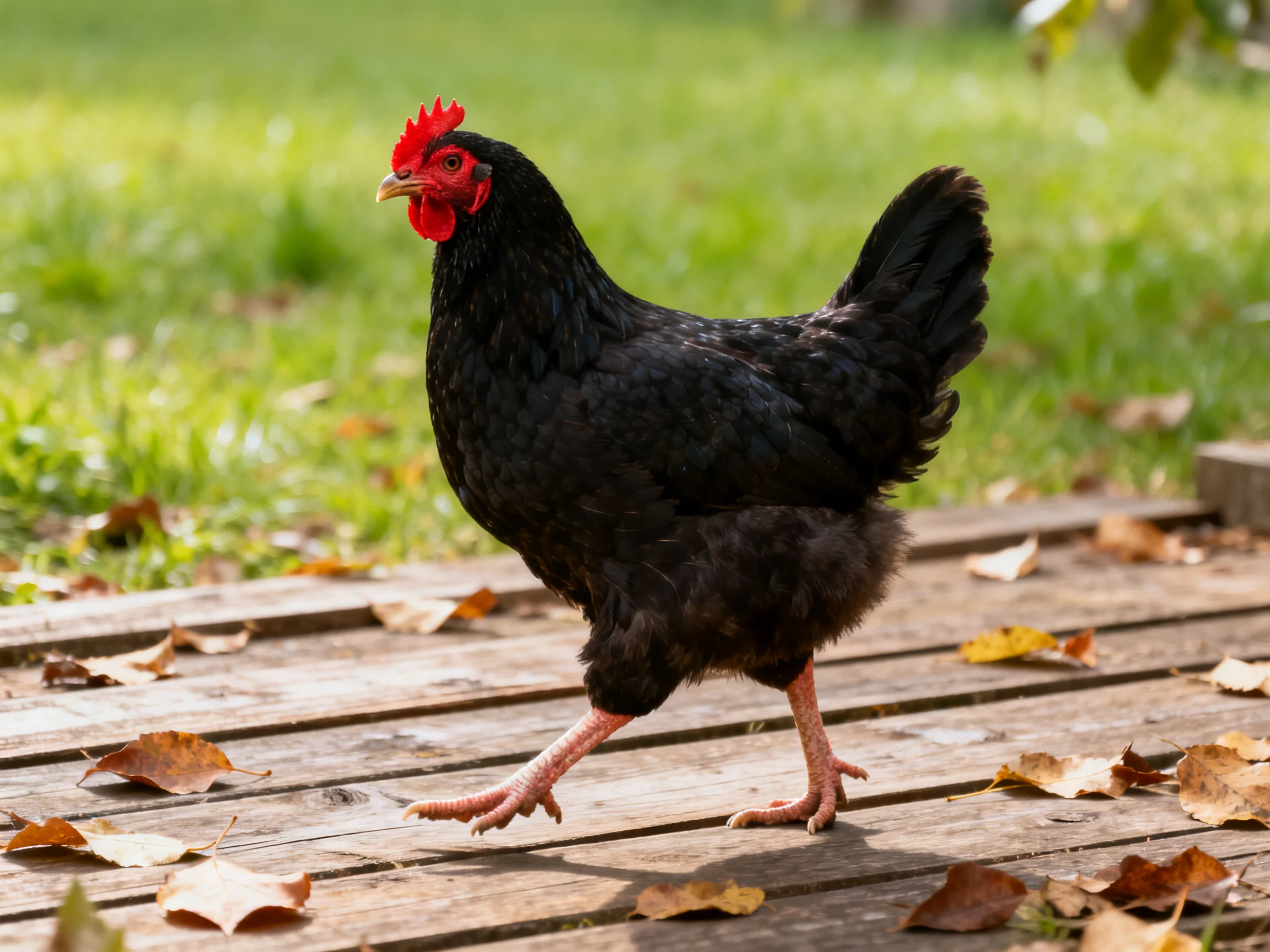 A black chicken with a red comb walks on a wooden deck with fallen leaves