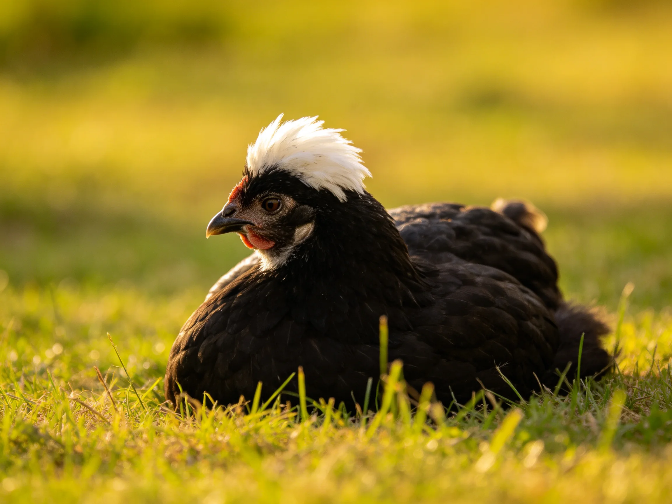 A black chicken with a white crest resting on sunlit grass