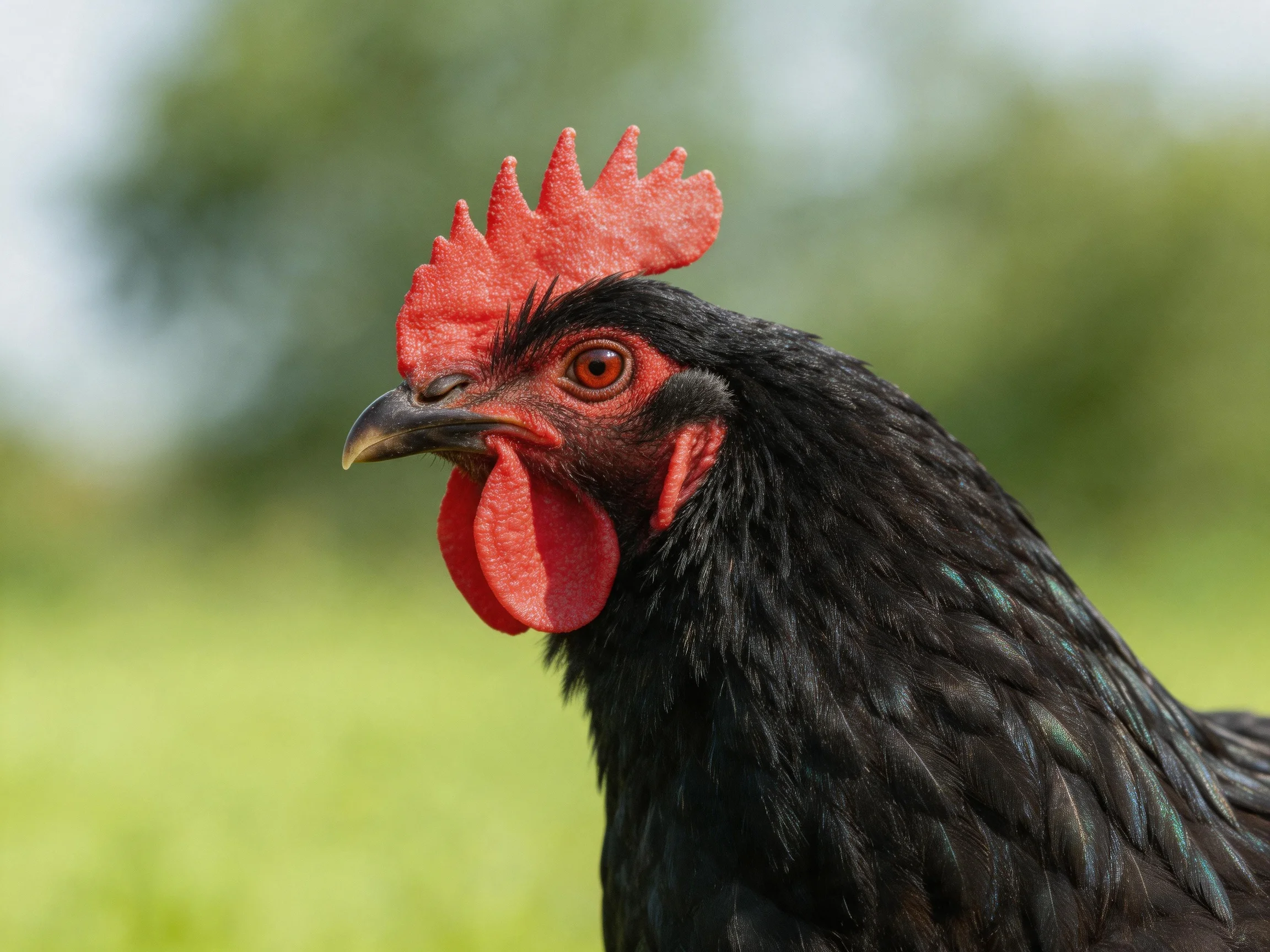 A black chicken with bright red comb and wattles in a natural outdoor setting