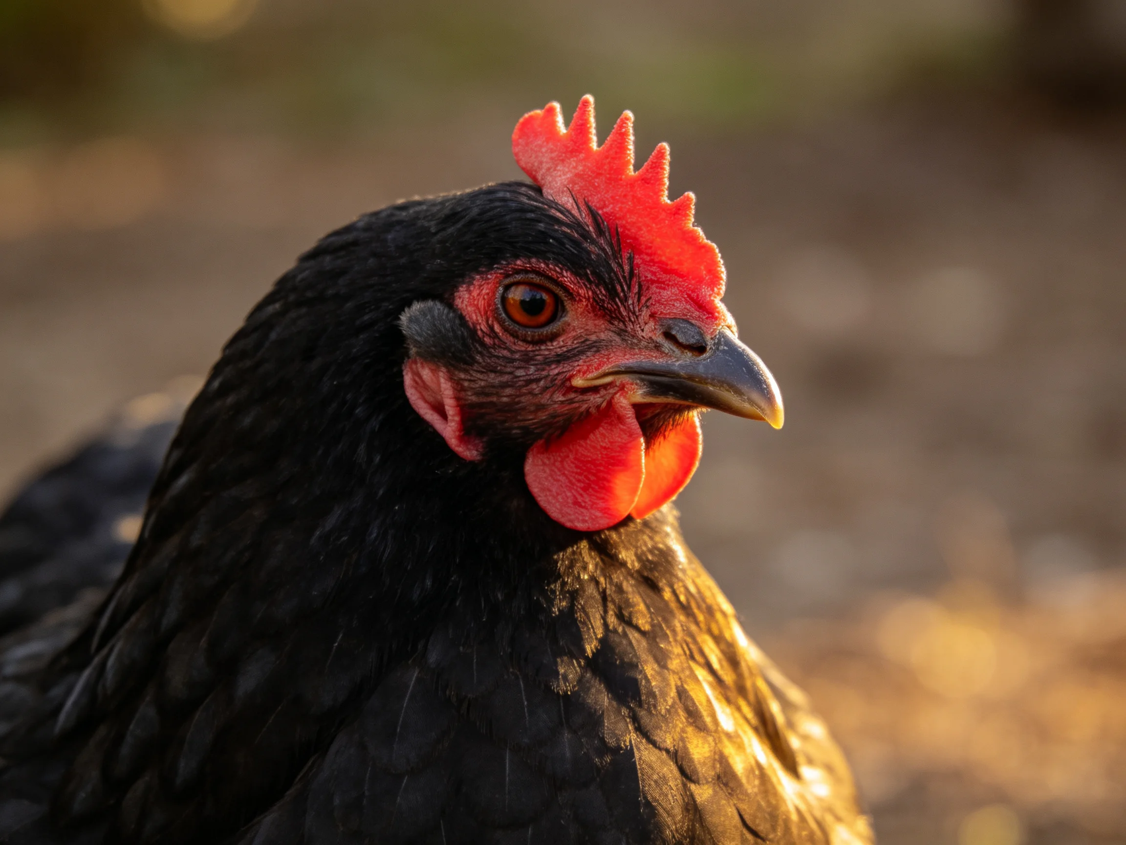 A close - up of a black chicken with red comb and wattles in an outdoor environment.