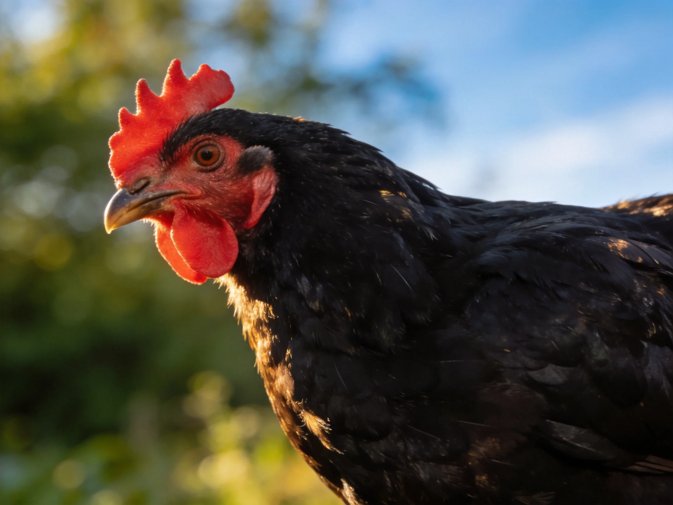 A black chicken with red facial features is shown outdoors near a blurred natural backdrop.
