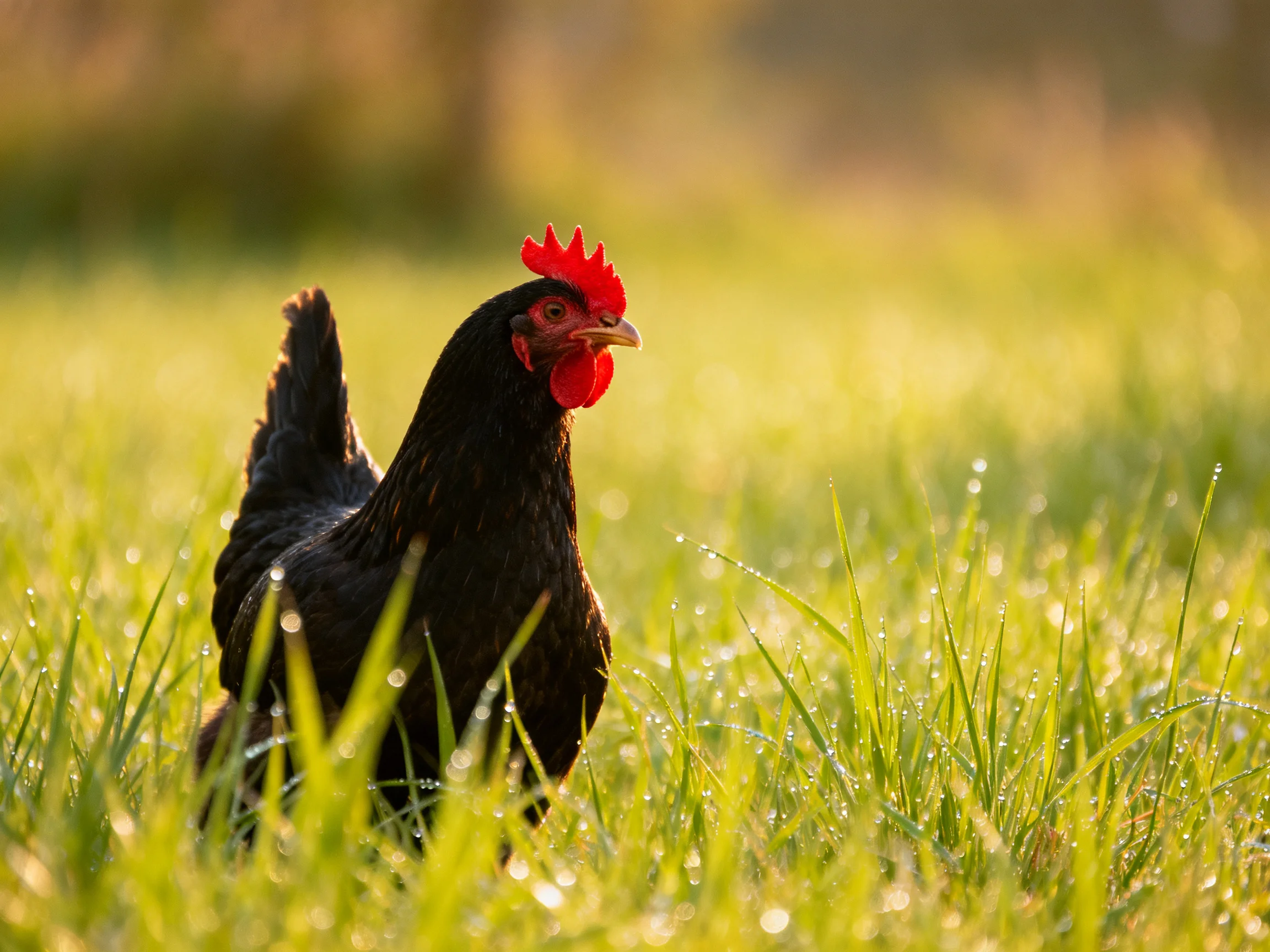 A black chicken with a red comb moves through dew-laden grass.