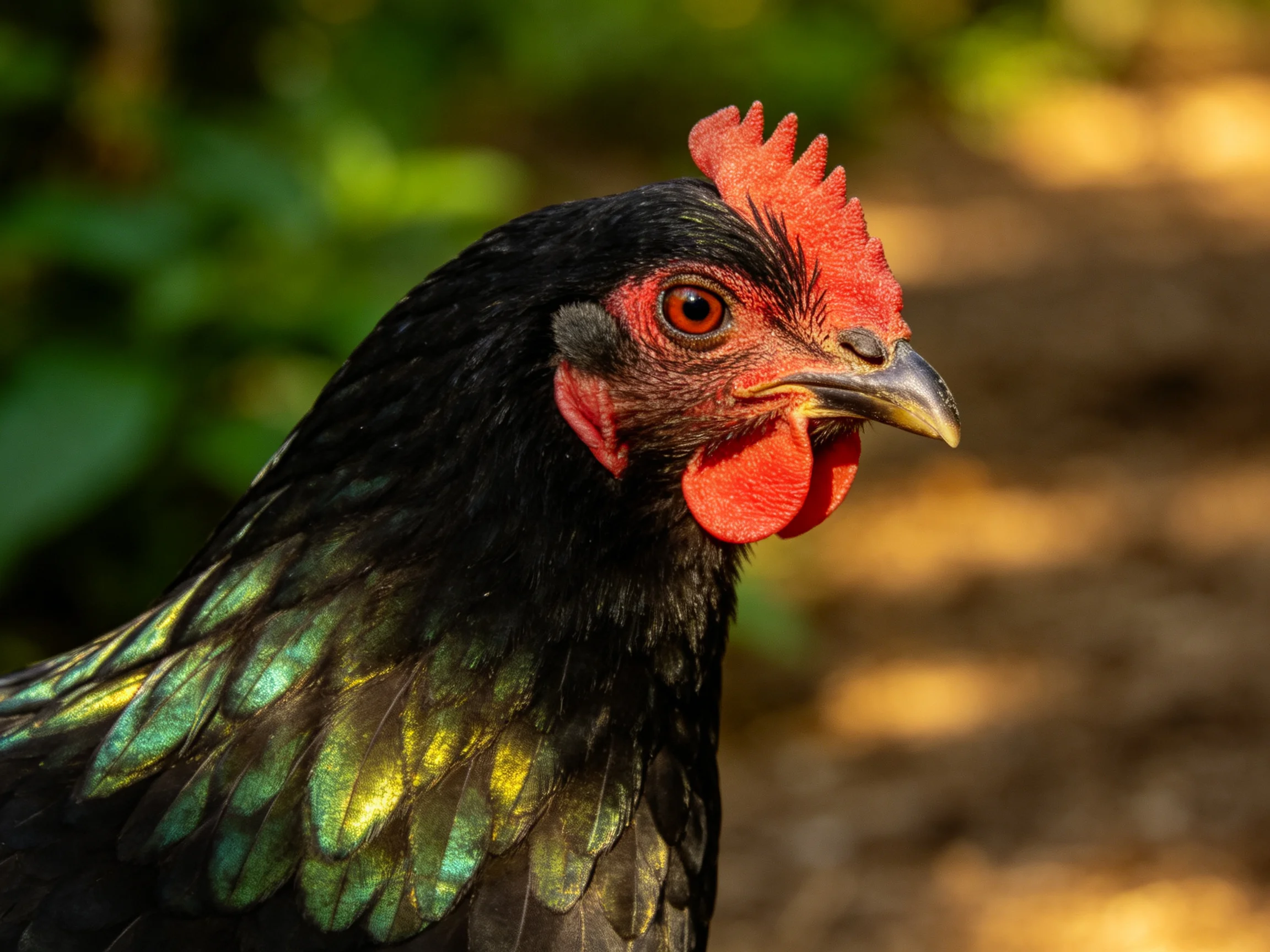 A black chicken with iridescent green - yellow feathers and bright red comb
