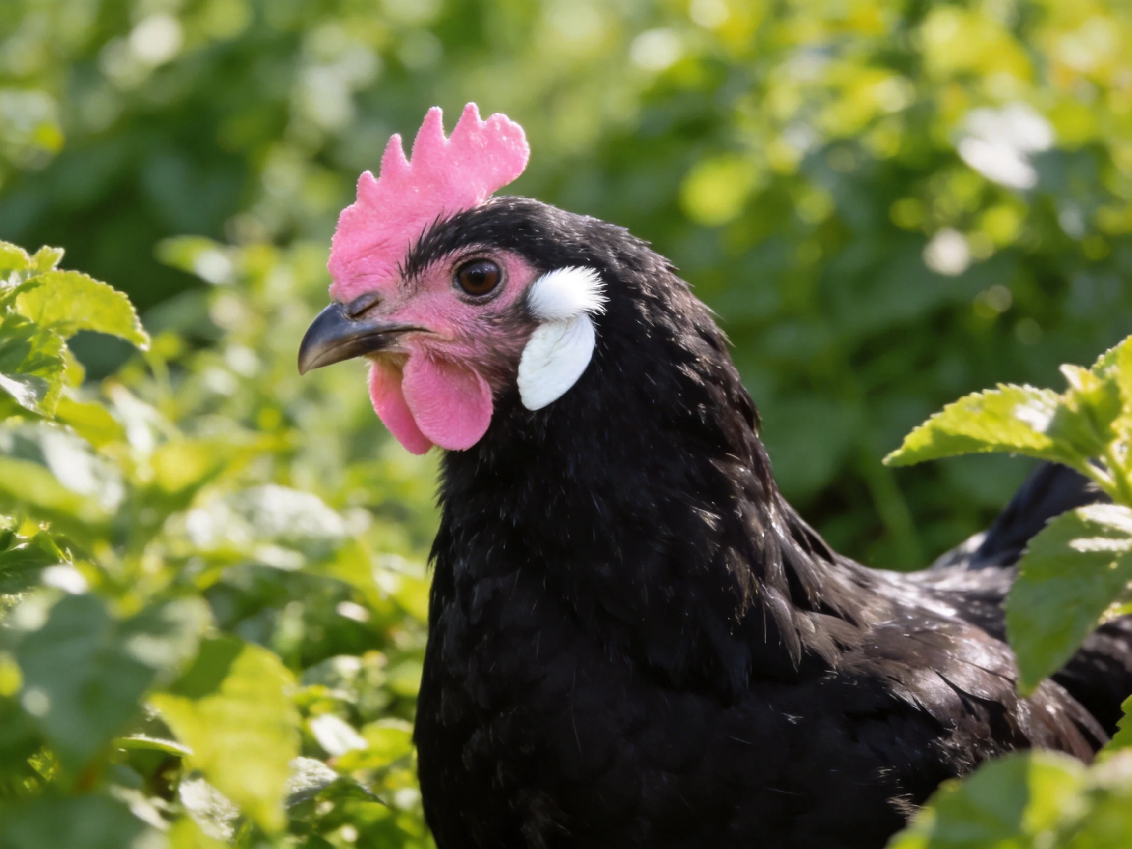 A black chicken with a pink comb is nestled among green plants.