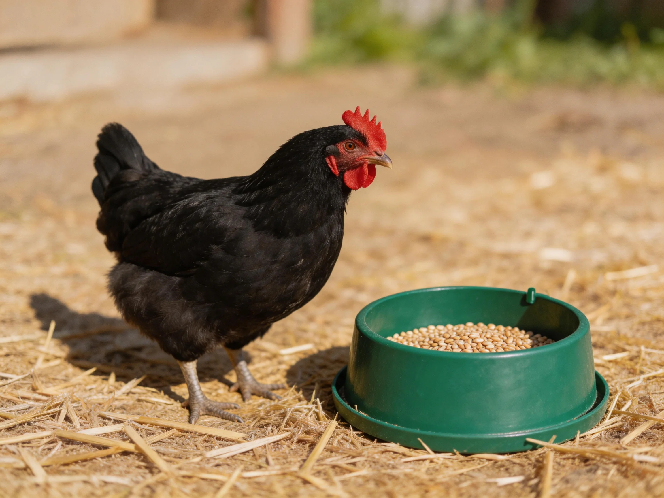 A black chicken with a red comb stands near a green feeder on straw