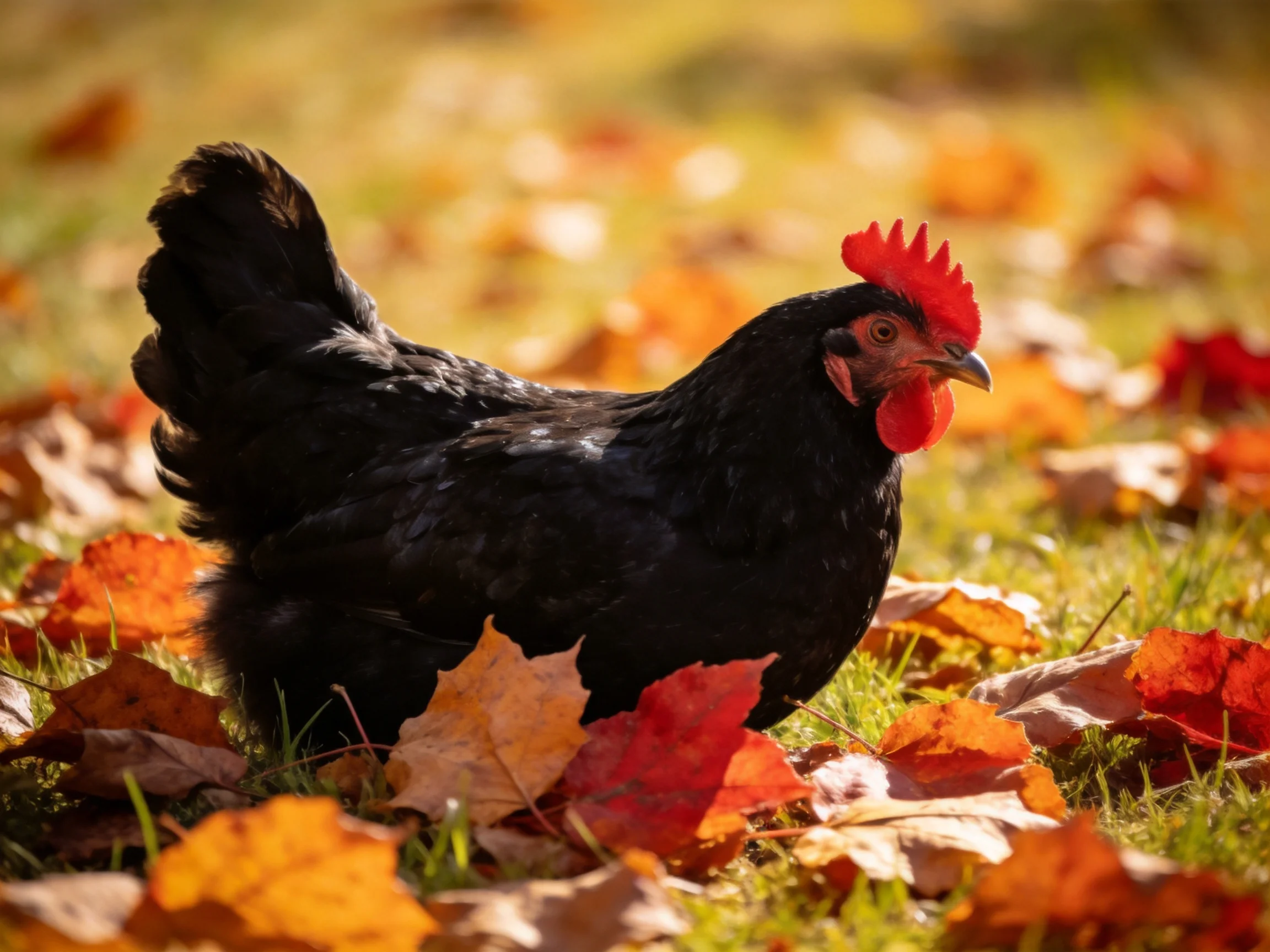 A black chicken with red comb exploring vibrant autumn foliage