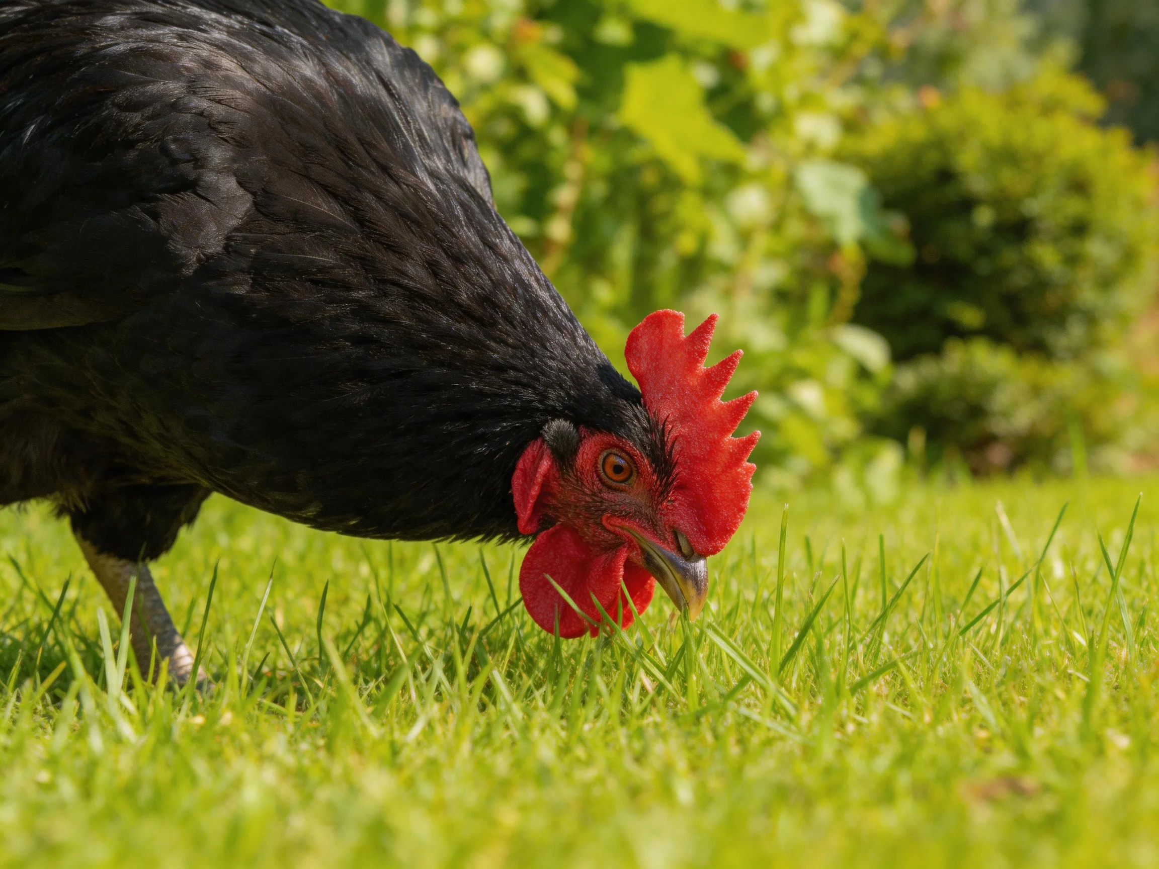 A black chicken with red comb pecking at lush green grass