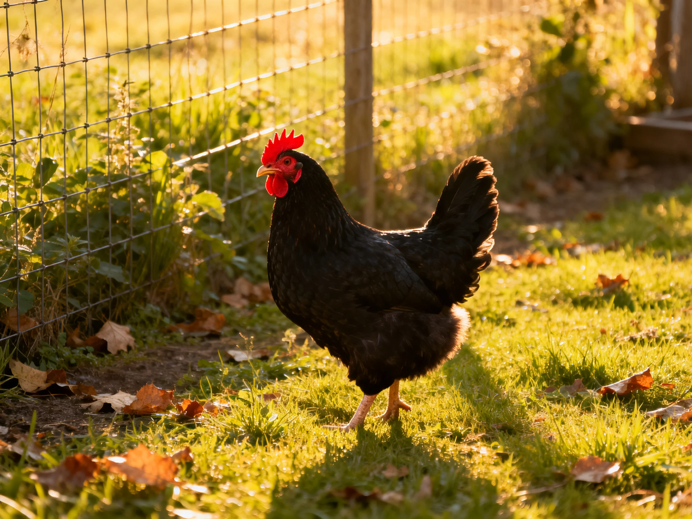 A black chicken with red comb walks on sunlit grass near a wire fence