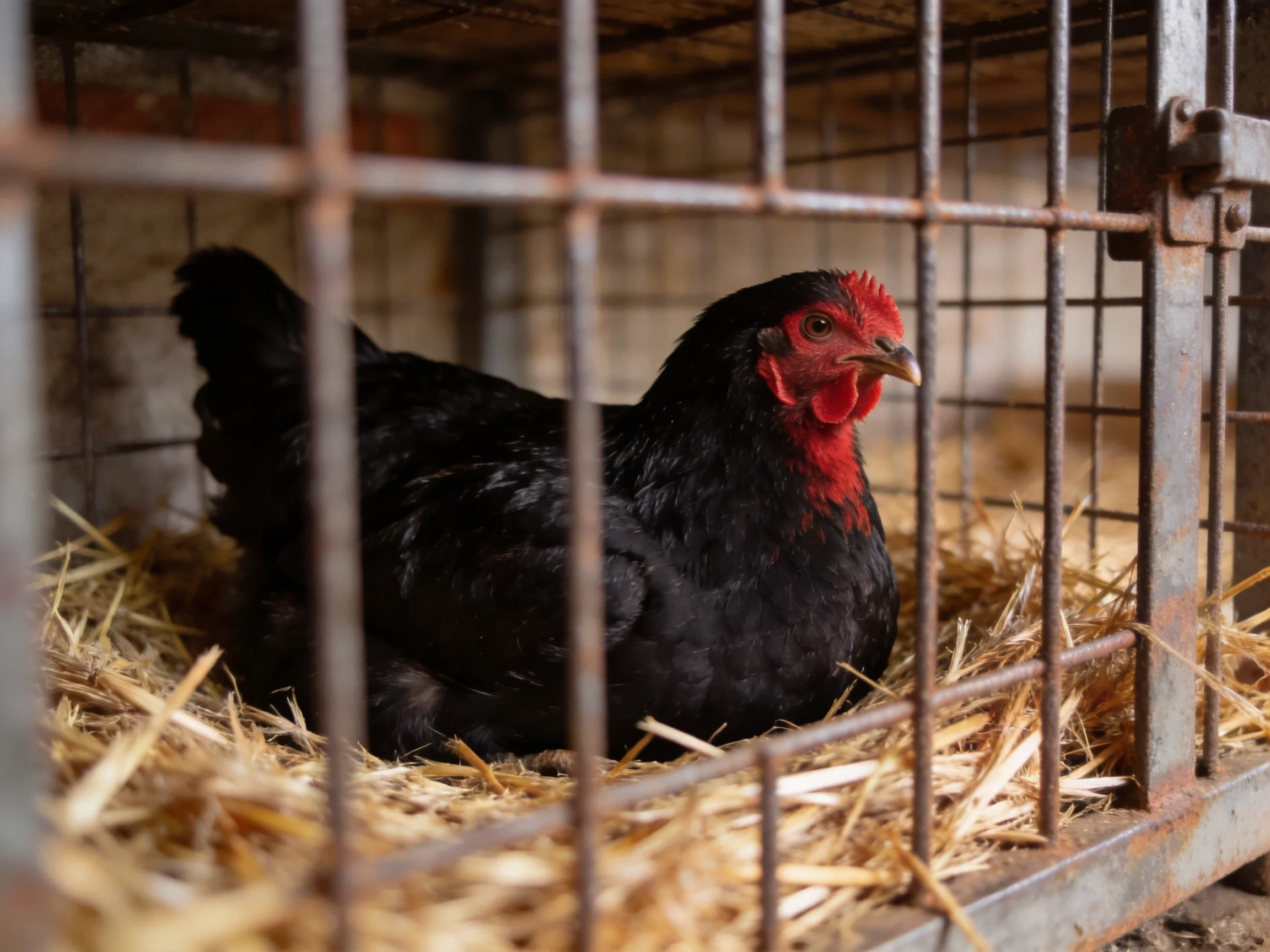 A black chicken with red markings rests in a rusty metal cage with straw bedding