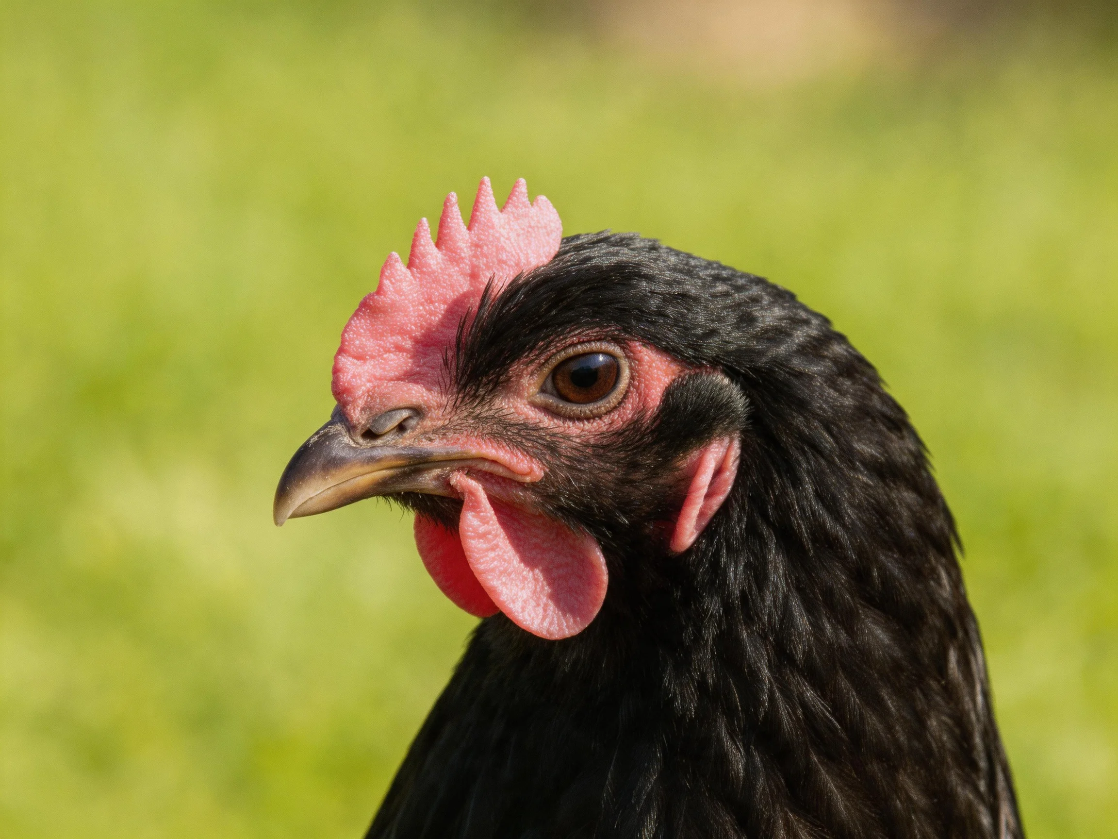 A black chicken with vibrant pink comb and wattle in a green outdoor setting