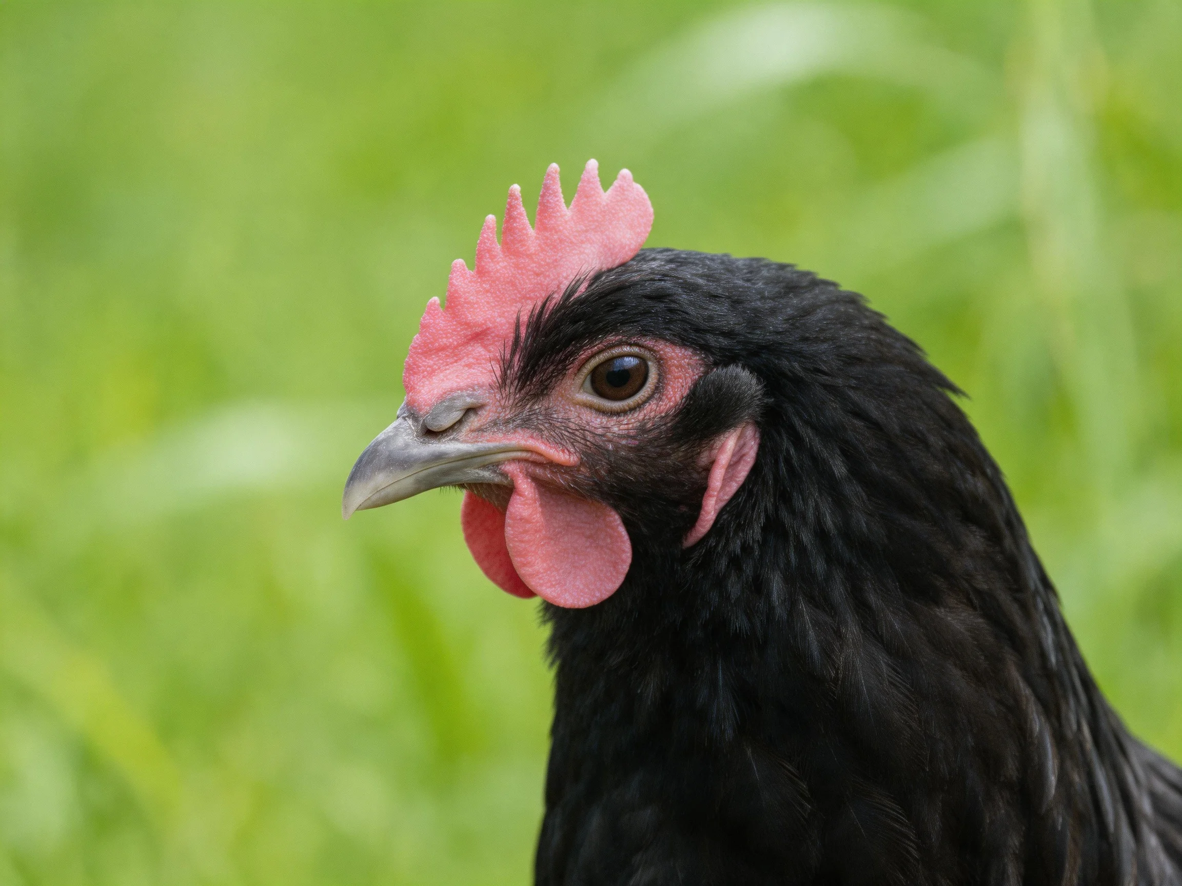 A black chicken with vibrant pink comb and wattles in a green field