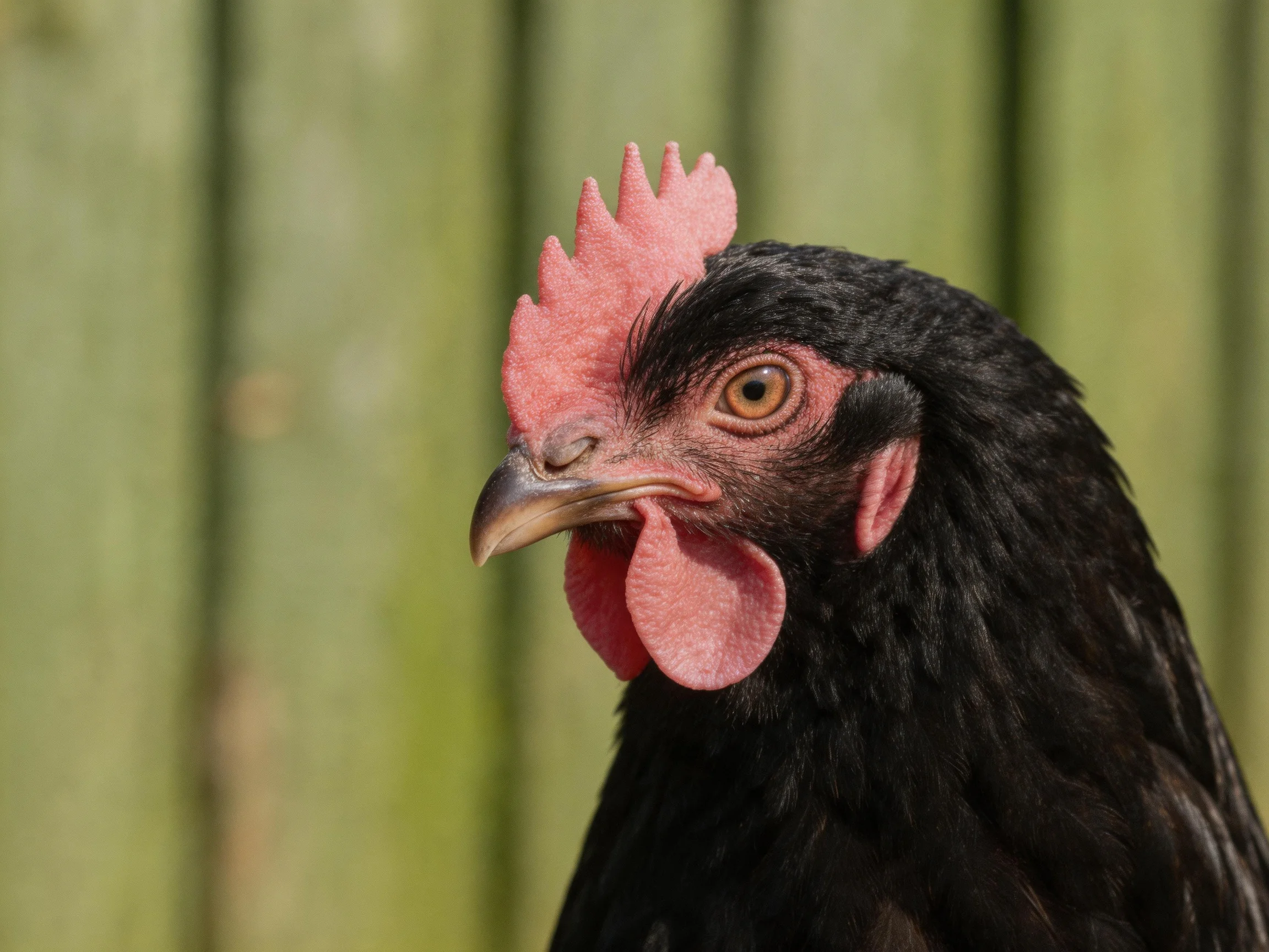 A black chicken with vibrant pink comb and wattles near a green fence