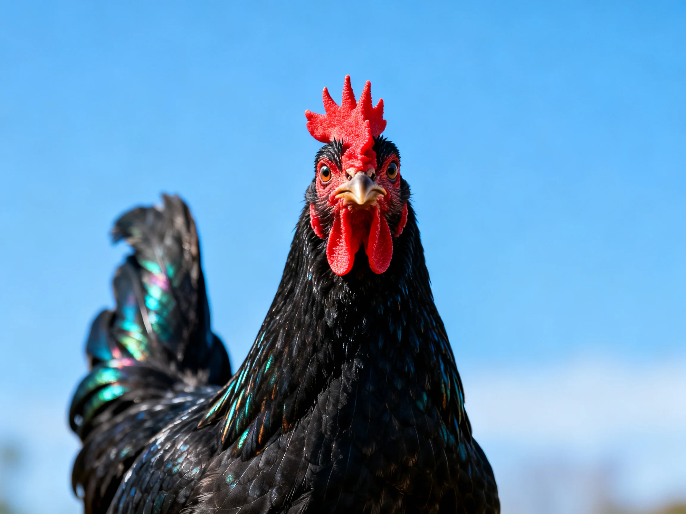 A black chicken with vibrant red comb and iridescent tail feathers against clear blue sky
