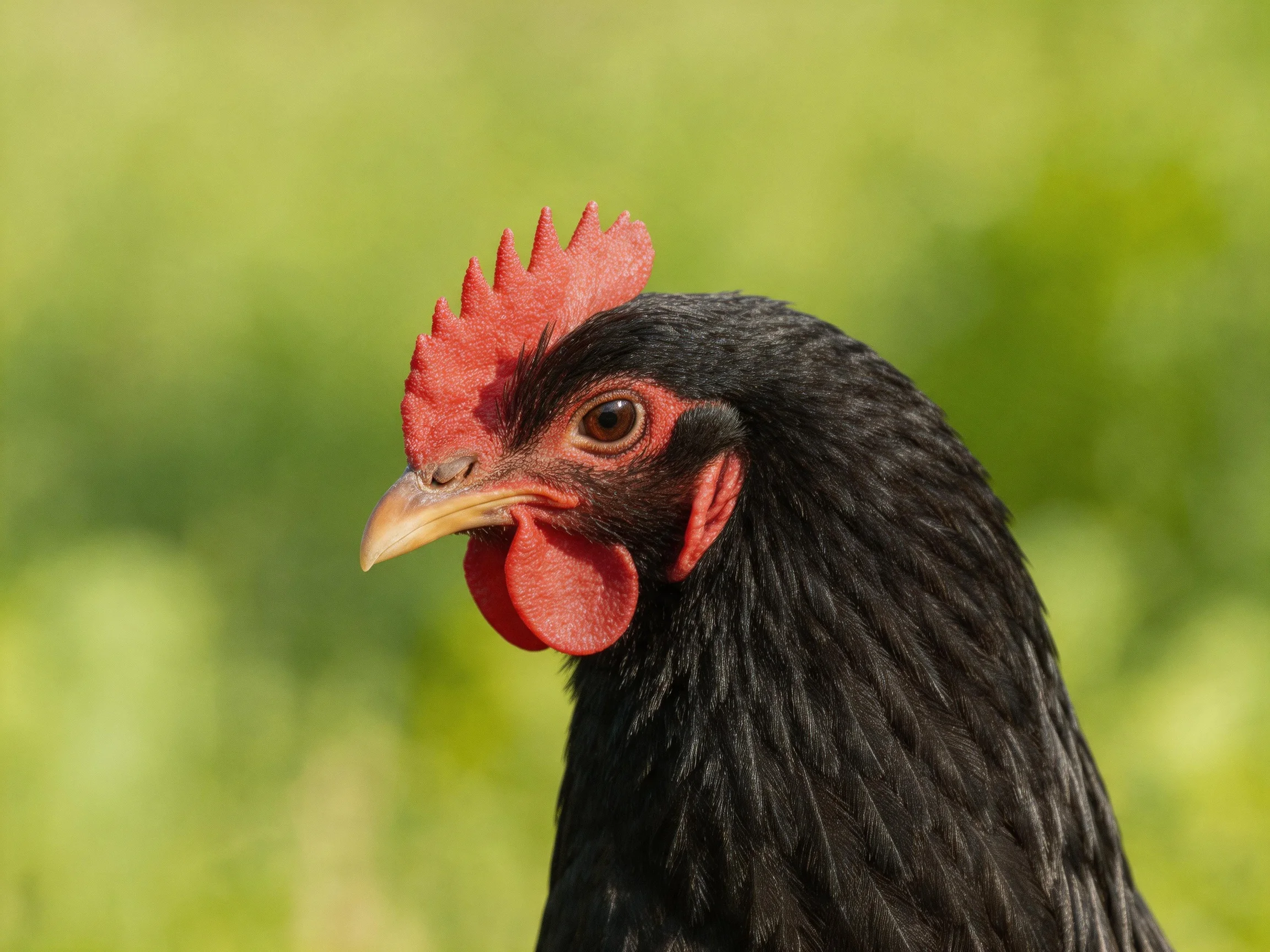 A black chicken with vibrant red comb and wattle against blurred greenery