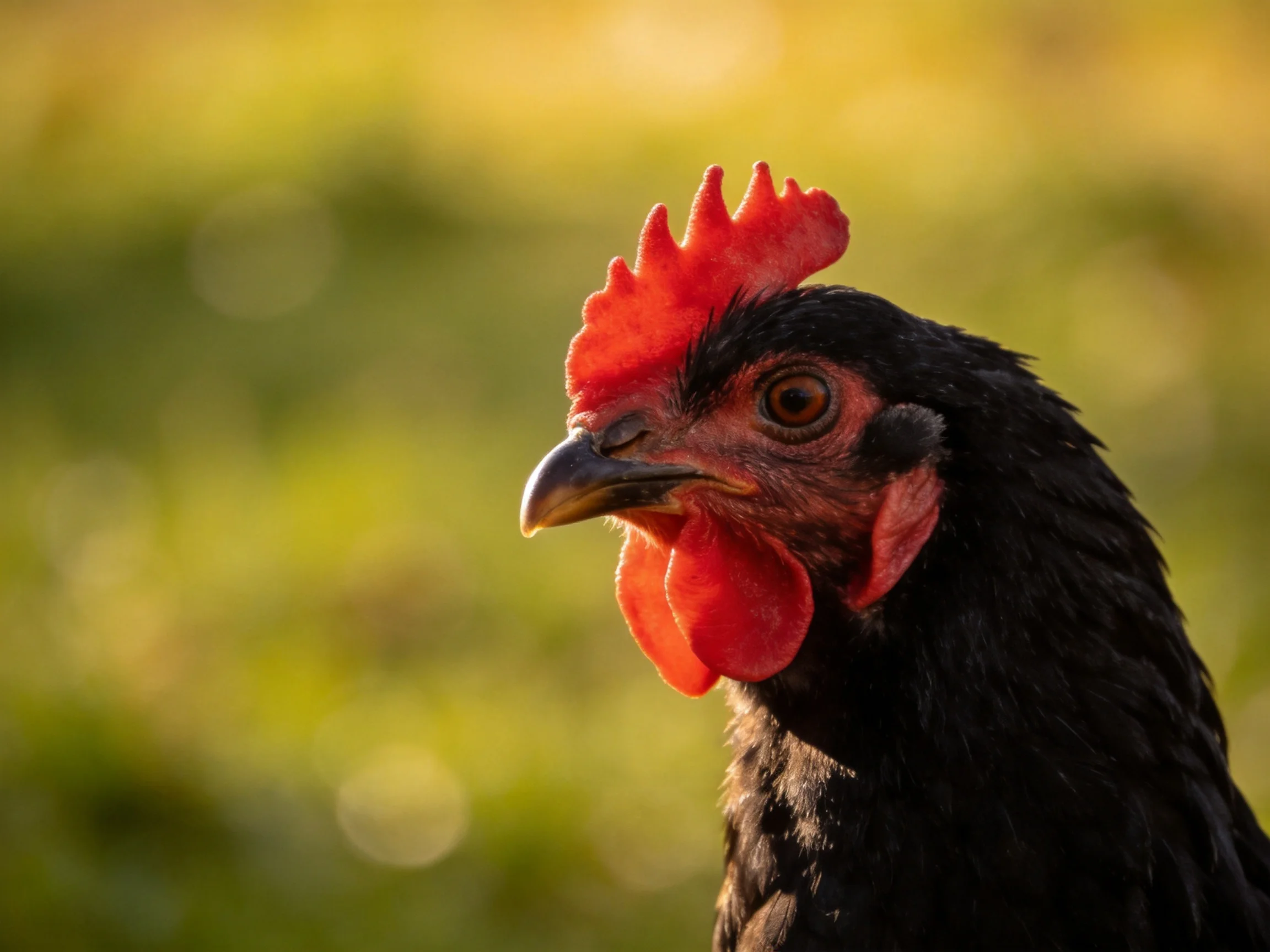 Close - up of a black chicken with bright red facial features outdoors