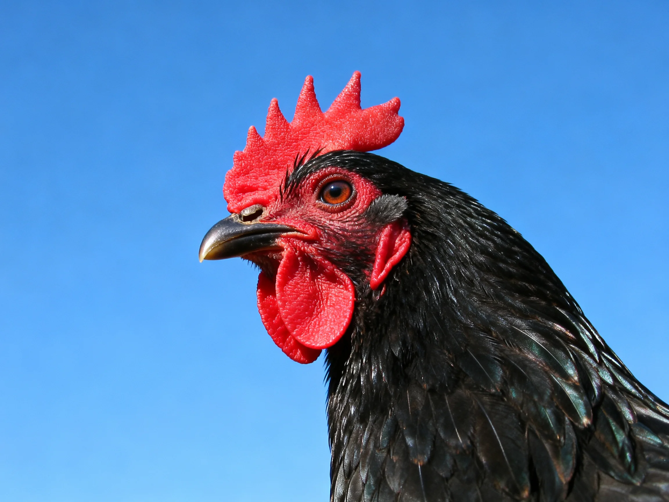 A black chicken with bold red facial features contrasts against a clear blue sky.