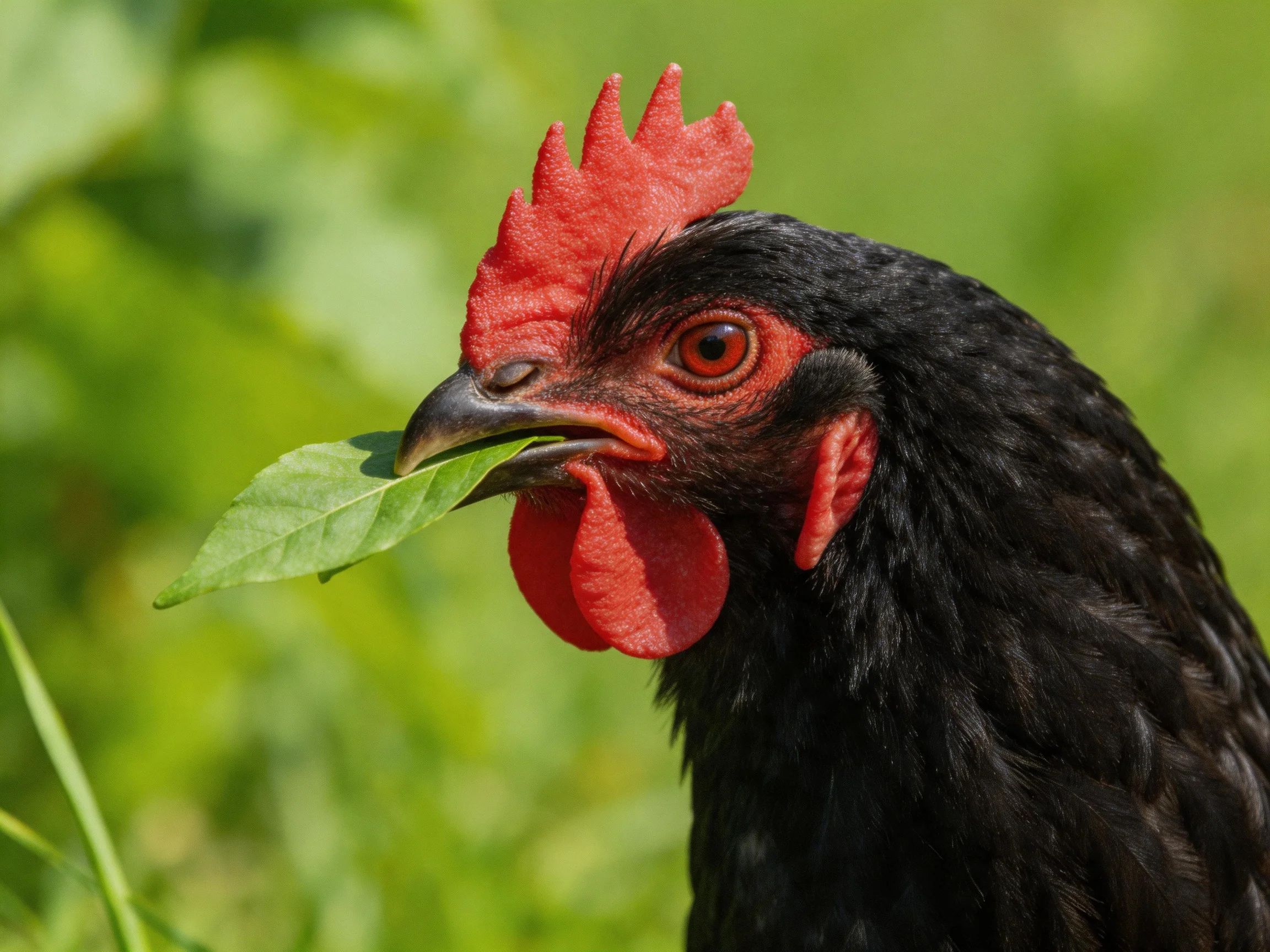 A black chicken with vibrant red comb and wattles holds a green leaf outdoors