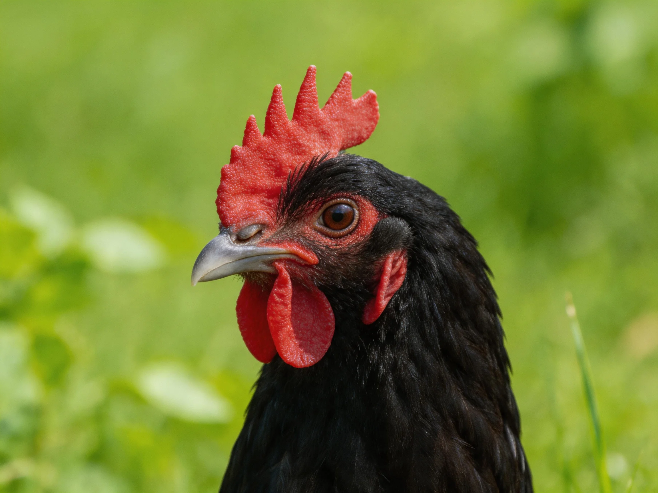 A black chicken with vibrant red comb and wattles in a green field