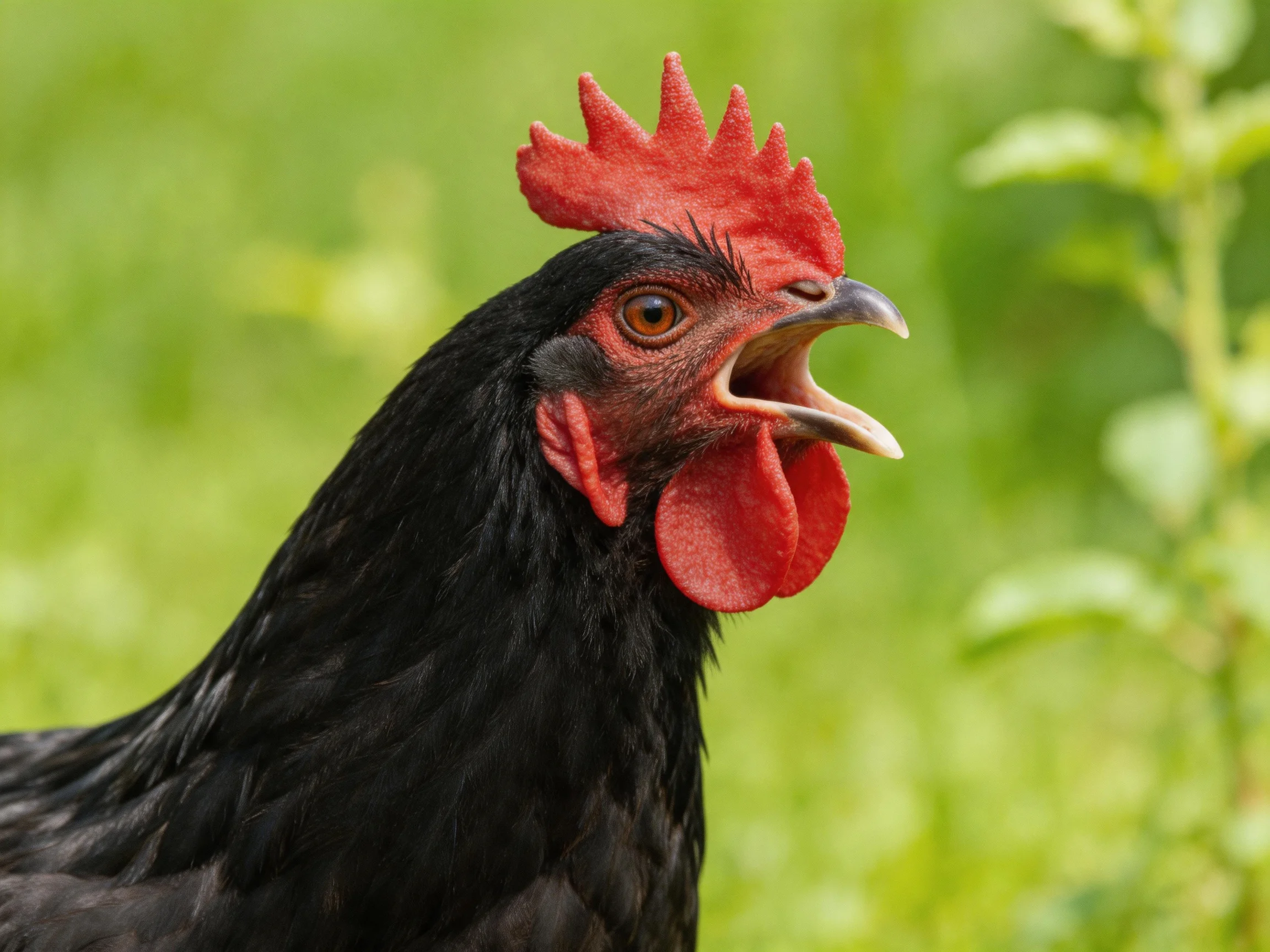 A black chicken with vibrant red comb and wattles in a green field