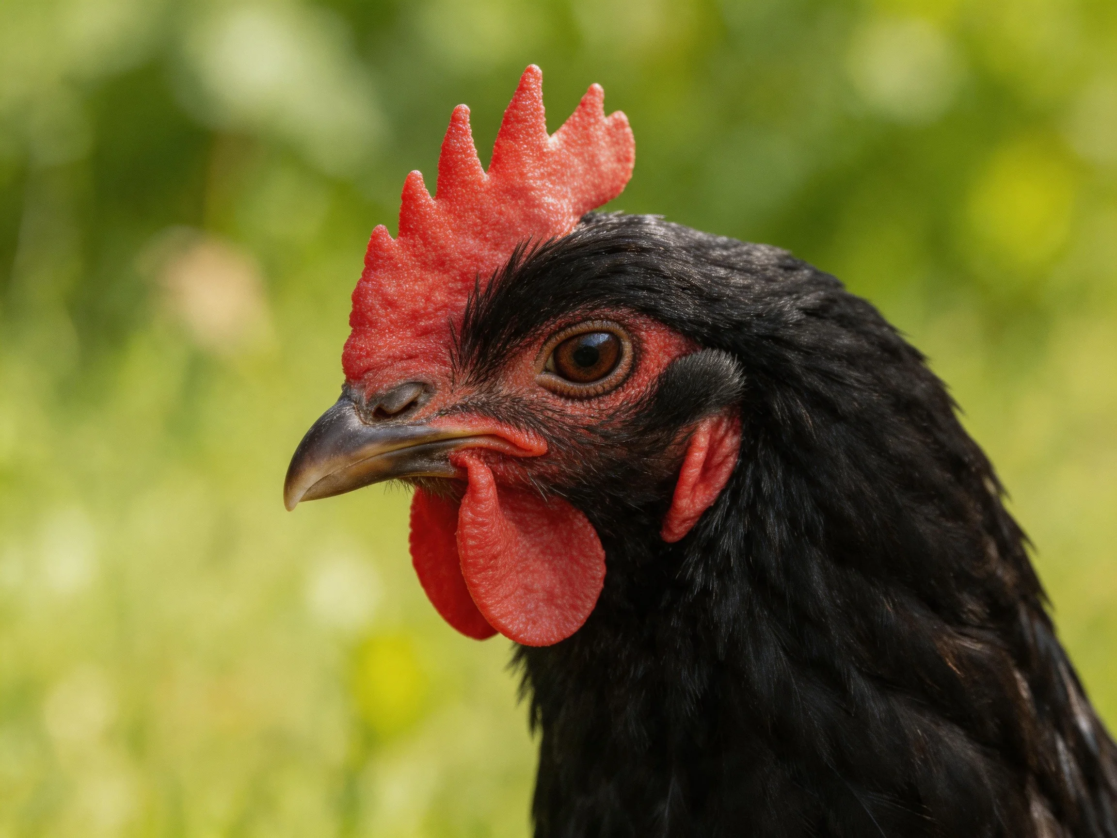 A black chicken with vibrant red comb and wattles in a green outdoor setting