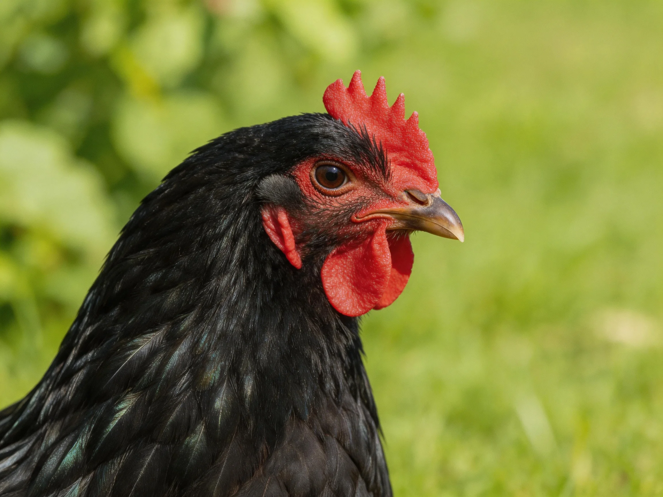 A black chicken with vibrant red comb and wattles in a green outdoor setting