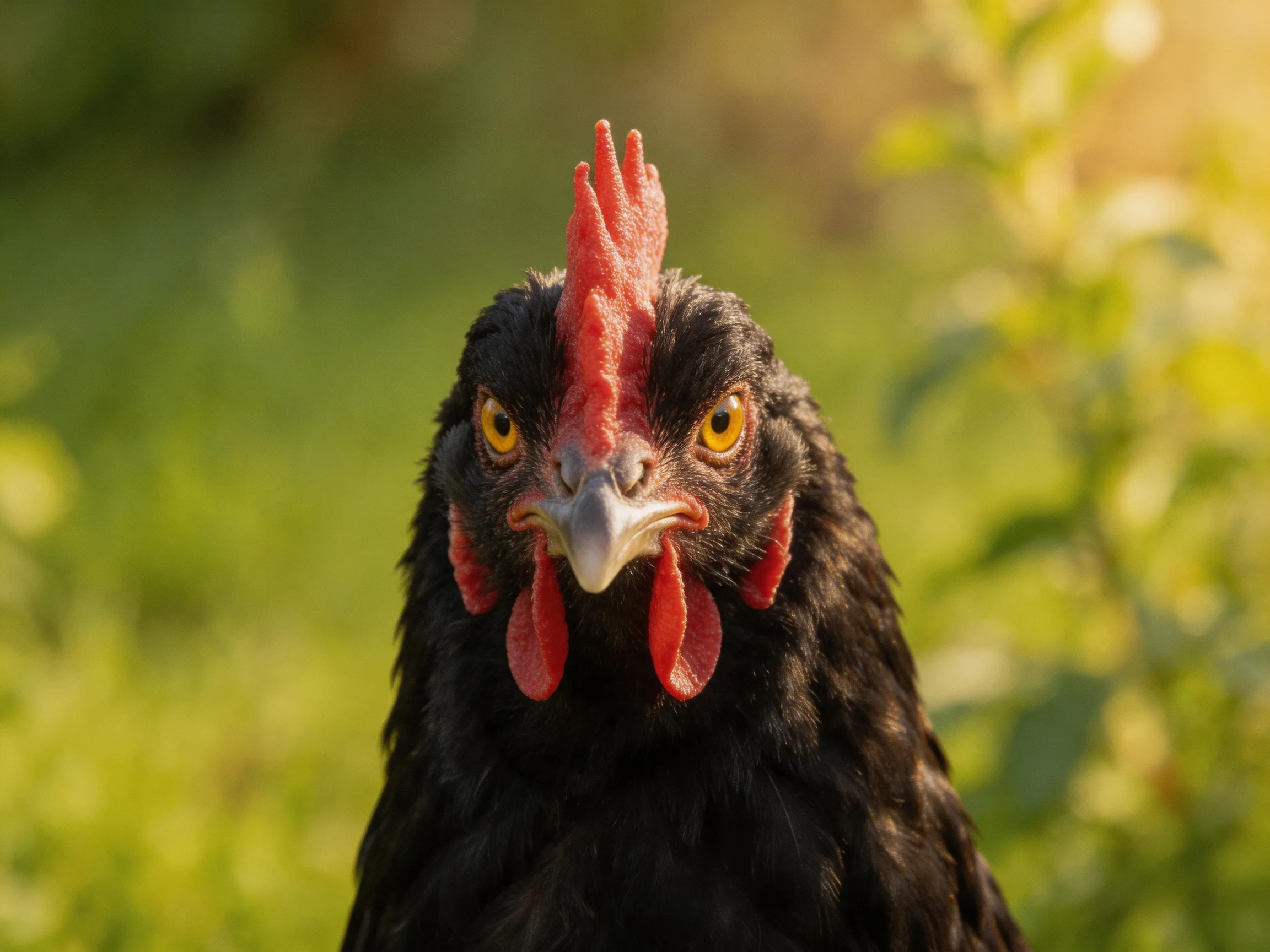 A close - up of a black chicken with red facial features in a sunlit outdoor area.