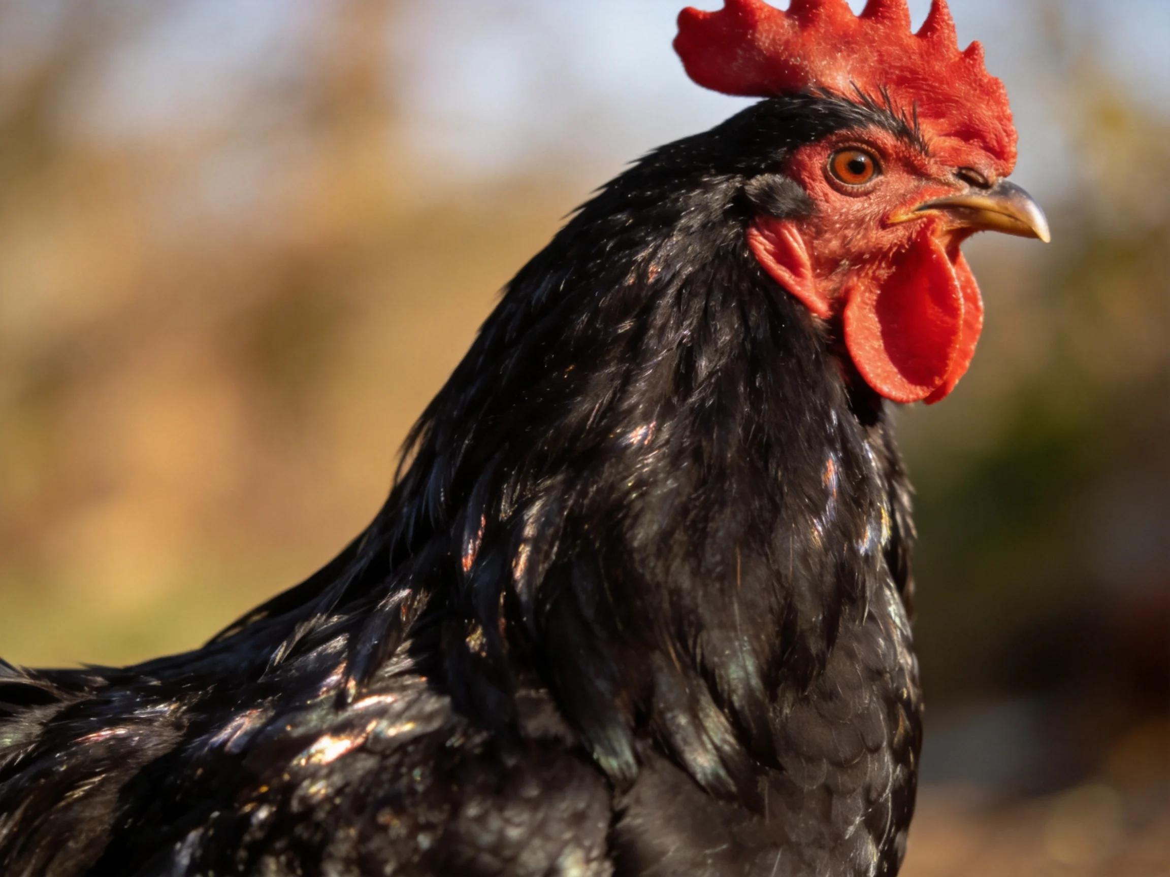 A black chicken with vibrant red comb and wattles