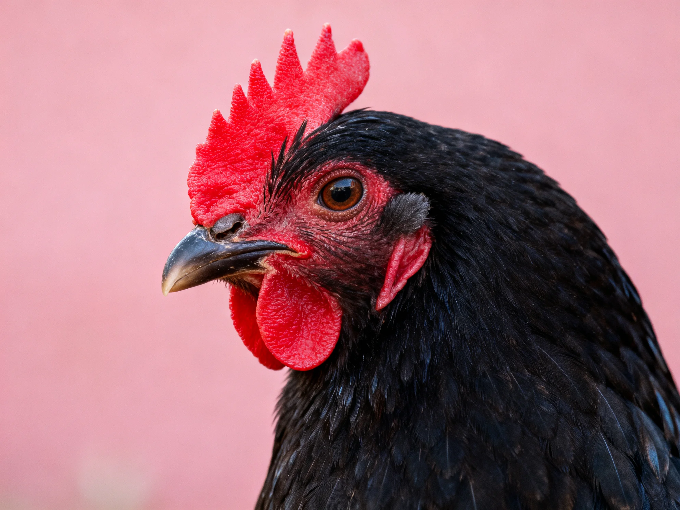 A black chicken with vibrant red comb and wattles on a soft pink background