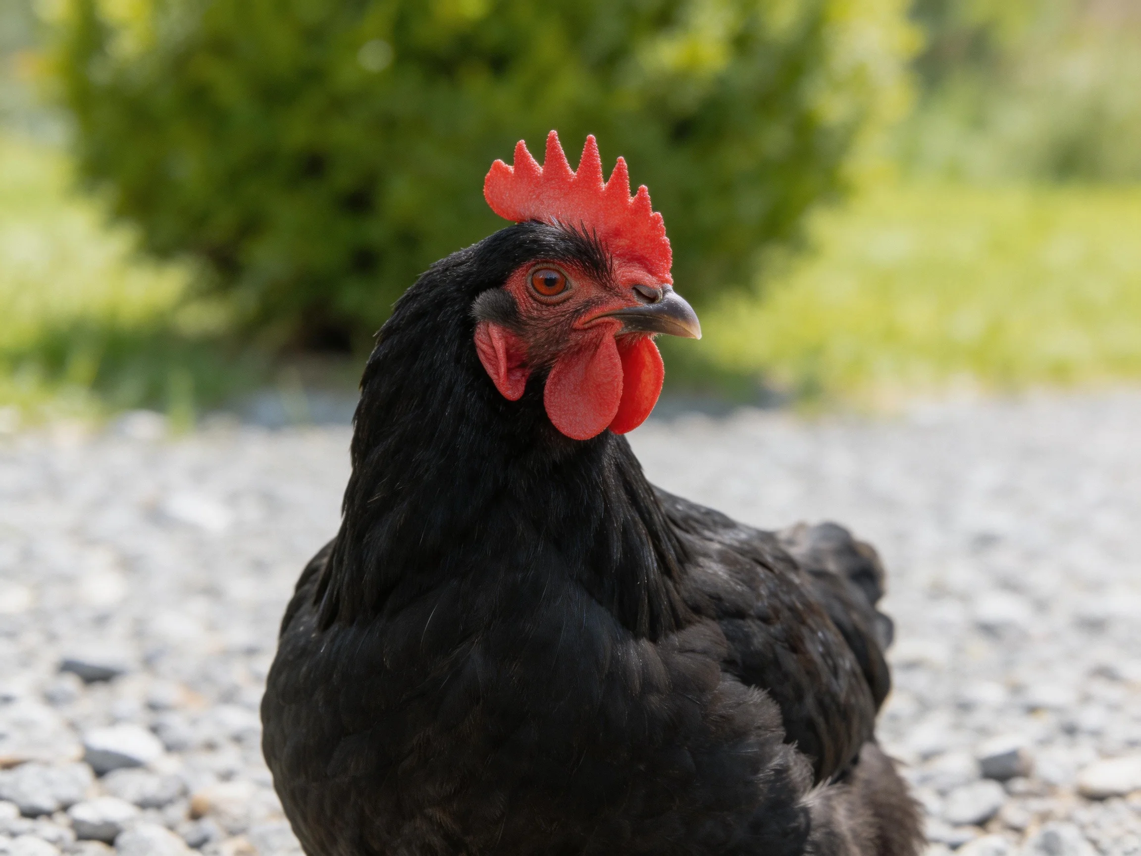 A black chicken with vibrant red comb on gravel near green foliage