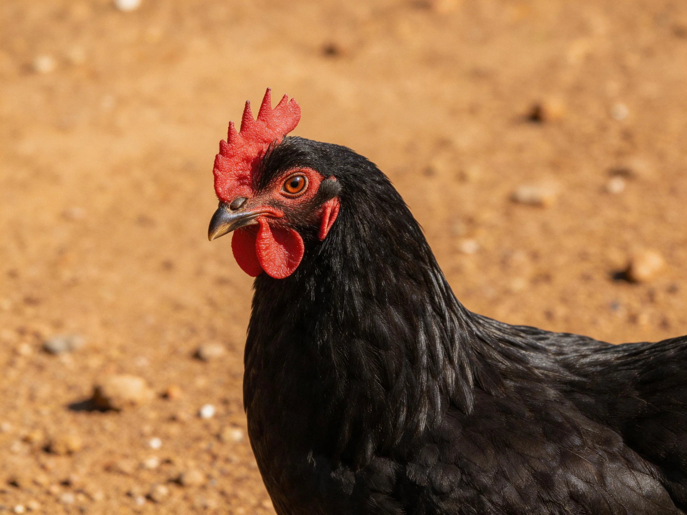 A black chicken with red facial features stands on sandy ground.