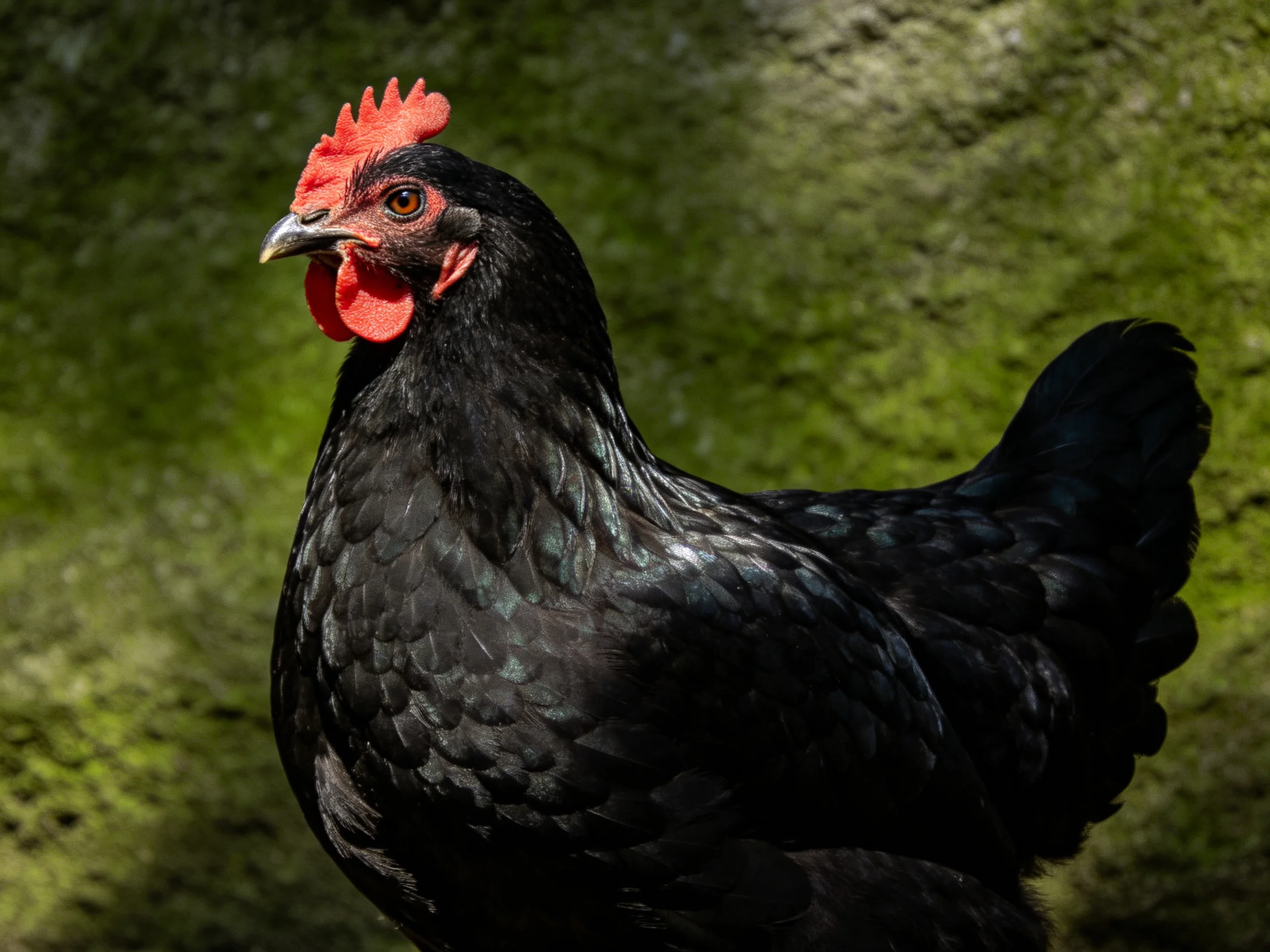 A black chicken with red facial features is positioned near a green, textured surface.