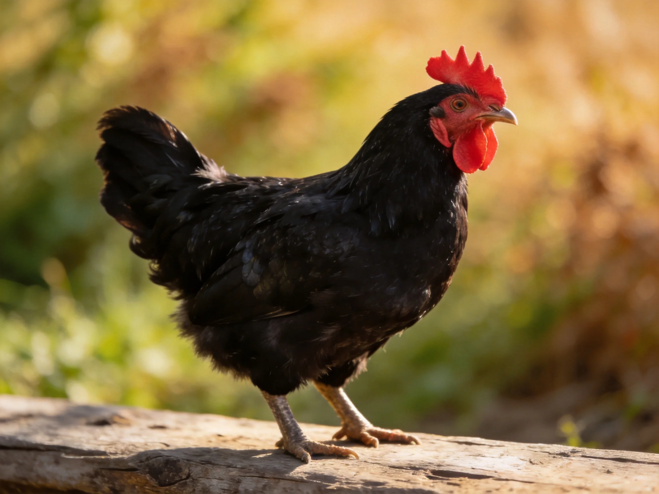 A black chicken with vibrant red comb stands on a weathered wooden log