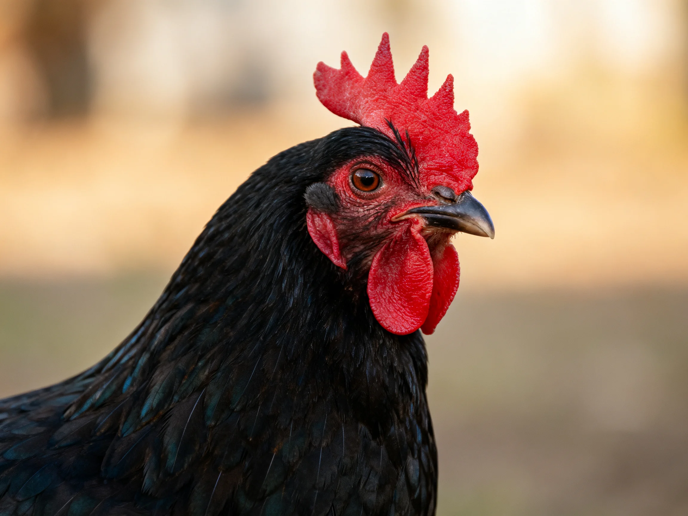 A black chicken with vivid red comb and wattles