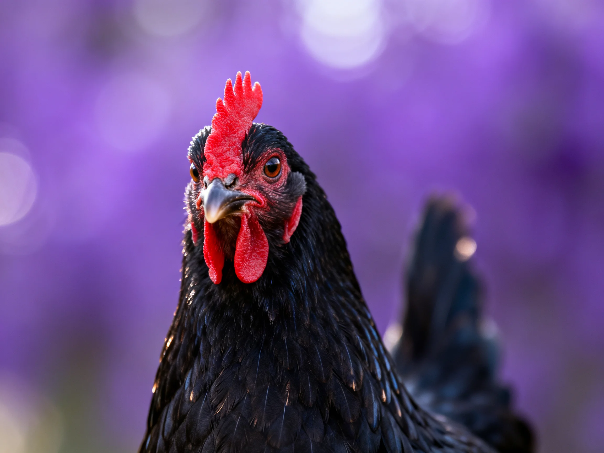 A black chicken with vivid red comb and wattles against a blurred purple bokeh background