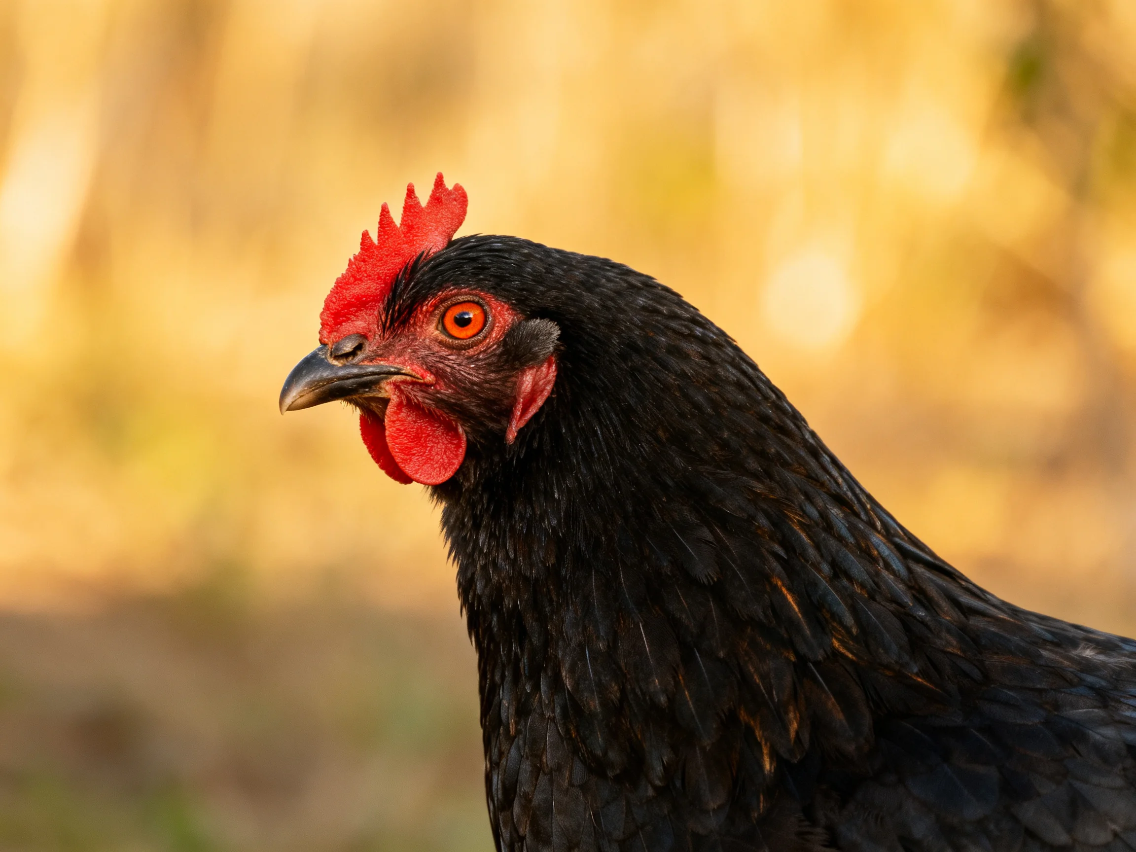 A black chicken with vivid red comb and wattles in a sunlit outdoor setting